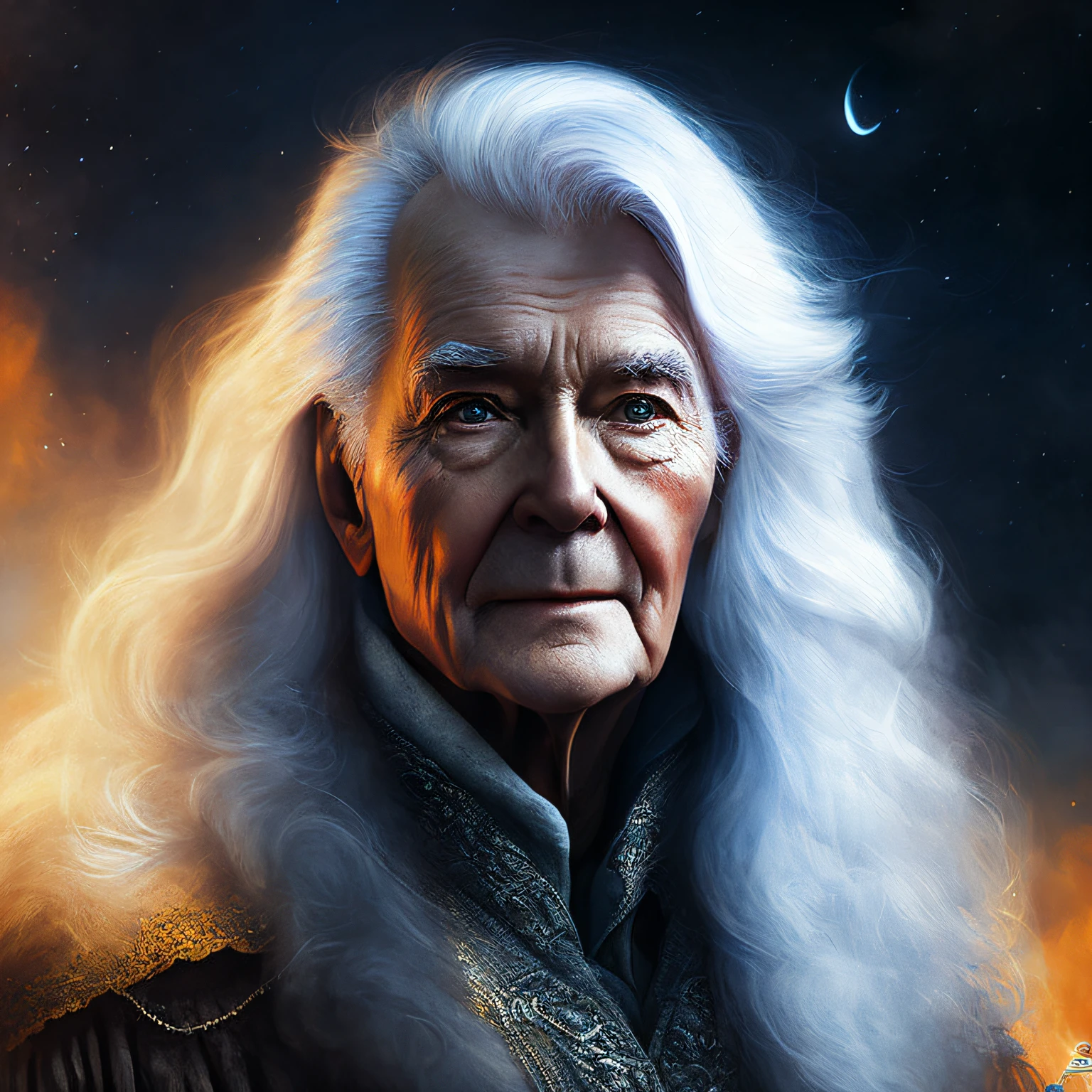 WOMAN BEAUTIFULL, BLOUD, close up shot, old man, white hair, magic, cinematic, painting