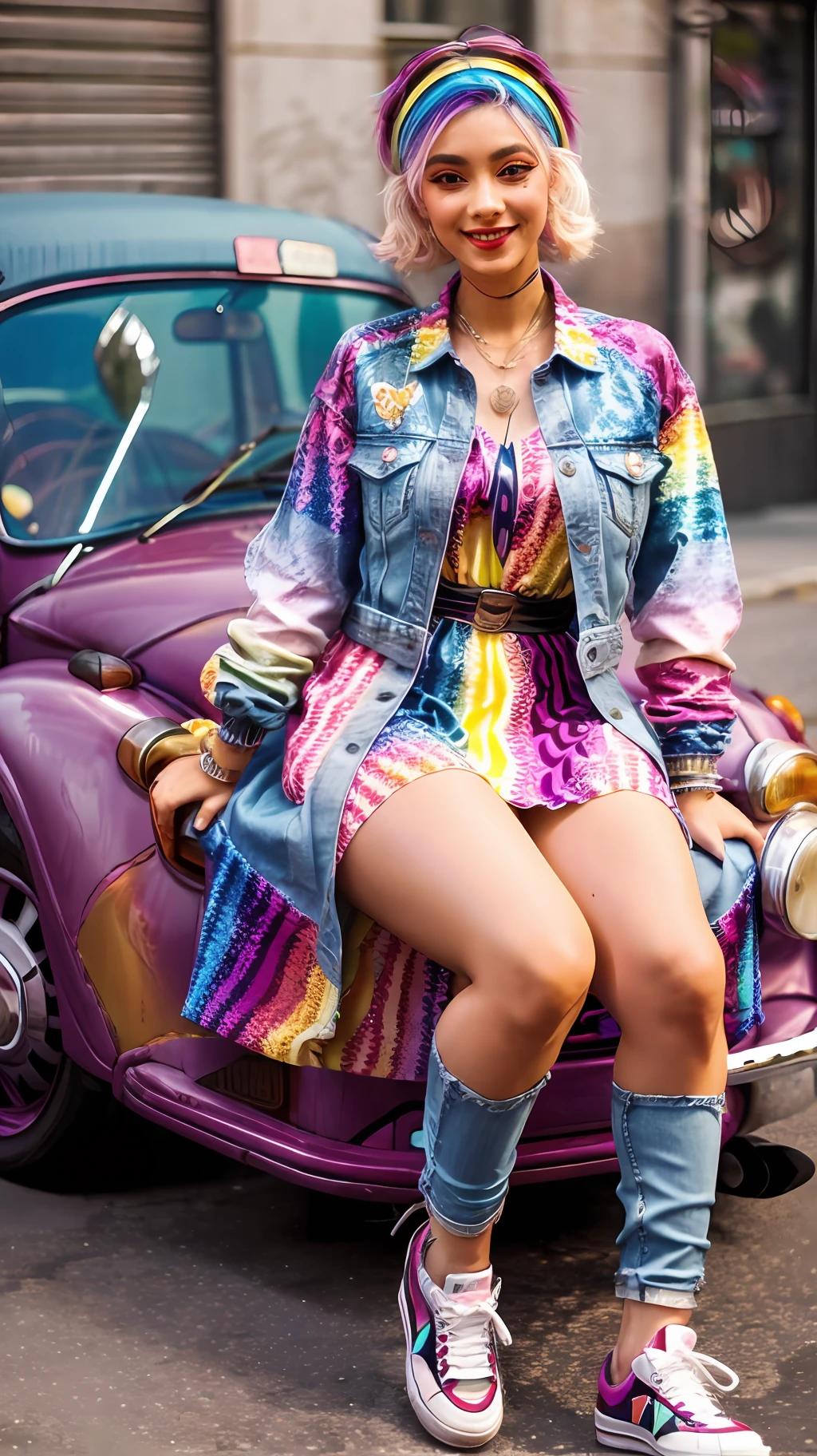 Dressed in a vibrant and trendy outfit, this person wears a colorful, retro-inspired dress or shirt paired with a denim jacket and sneakers. Their friendly expression represents the brand's approachable and youthful nature. A classic Volkswagen Beetle adds a nostalgic touch to the background, showcasing the brand's iconic design