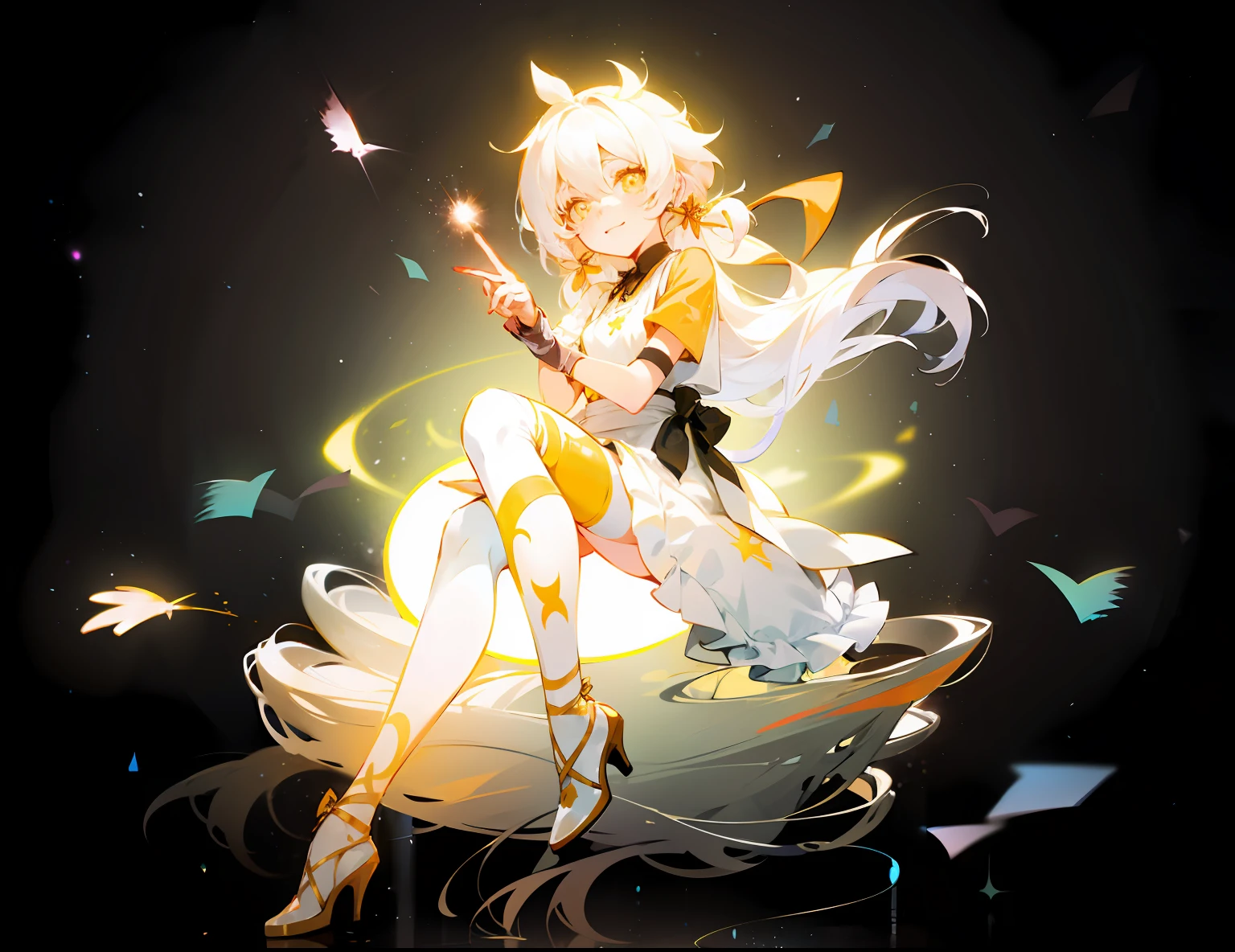 Anime Female, Seated, Official Art, Yellow Light Magic, 21Charturnerv2, Charturnbetalora, Shinkai Makoto, Kimi No na Wa., (Fantasy: 1.4), (Orange-Yellow Eyes: 1.233), Her Eyes Shining Like Fantastic Stars, (Glowing Eyes: 1.233), (Beautiful and Delicate Eyes: 1.1), (Gray Hair)))), (Messy Hair, Very long hair, hair between the eyes, sideburns), (microcurls: 1.14), (orange short-sleeved shirt), ((glowing white apron)), (((black ribbon tied waist))), ((black bow tied on the right side of the waist)), choker, (miko thighhighs), (orange high heels)), (bare legs), (smile, shut up), dreamy, soul, (fluorescent), [[delicate fingers and hands: 0.55]::0.85], (finger detail), full body, white and gold motif, inspired by Yang J, inspired by Luma Rouge, Kagamine rin, ethereal, yellow light spell, some chaotic sparks, in glowing style