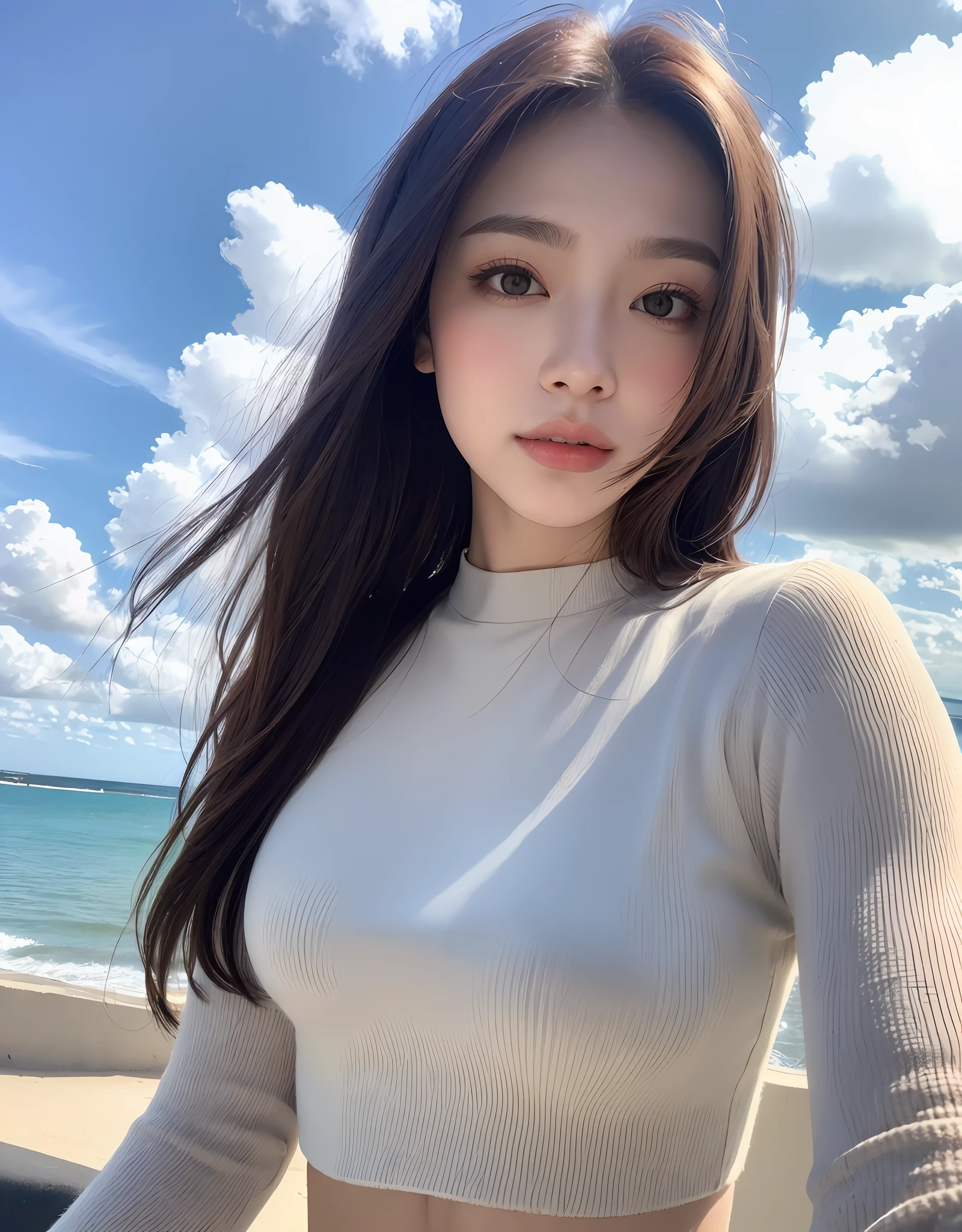 (Daytime, Excellent, 8K, Masterpiece:1.3)), Full body, Long legs, Focal length: 1.2, Perfect Body Beauty: 1.4, Slim Abs: 1.1, ((Dark Brown Hair, Big Breasts: 1.2 )), (Long Sleeve White Top, Jeans, Standing: 1.2), ((Sea, Blue Sky and White Clouds: 1.3)), Highly Detailed Face and Skin Texture, Detailed Eyes, Double Eyelids, Flying Long Hair Absurdres, 1girl, Star Eye, Blush, ( realistic:1.5), (masterpiece, Extremely detailed CG unity 8k wallpaper, best quality, highres:1.2), (ultra_detailed, UHD:1.2), (pixiv:1.3), perfect lighting, distinct, (bishoujo:1.2), looking at viewer, unreal engine, sidelighting, perfect face, detailed face, beautiful eyes, beautiful face, (brightness: 1.3), idol, (abs), ulzzang-6500-v1.1, soft smile, upper body, (dark red hair), (simple background), (dark background), (depth of field), close-up, selfie