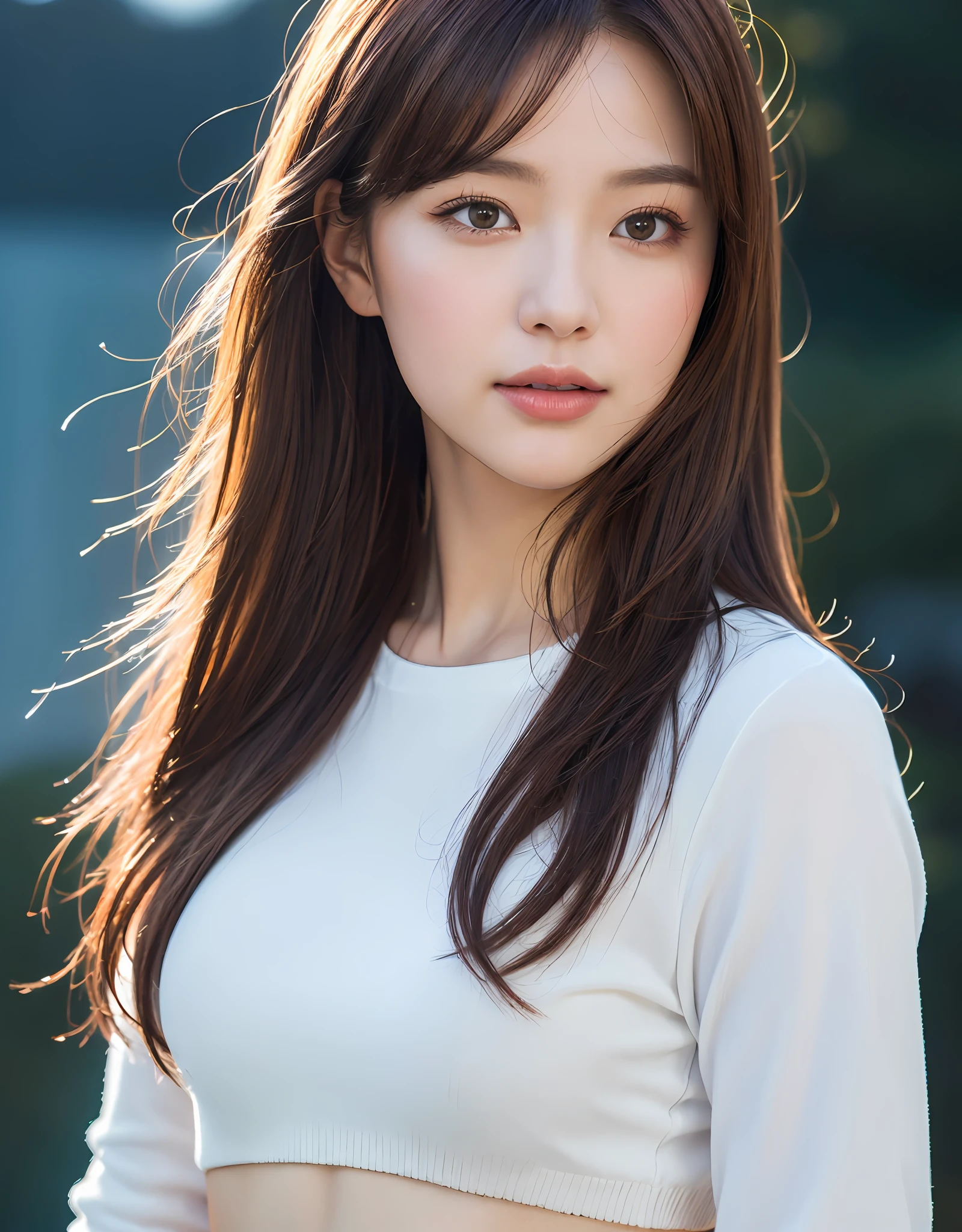 (Daytime, Excellent, 8K, Masterpiece:1.3)), Full body, Long legs, Focal length: 1.2, Perfect Body Beauty: 1.4, Slim Abs: 1.1, ((Dark Brown Hair, Big Breasts: 1.2 )), (Long Sleeve White Top, Jeans, Standing: 1.2), ((Sea, Blue Sky and White Clouds: 1.3)), Highly Detailed Face and Skin Texture, Detailed Eyes, Double Eyelids, Flying Long Hair Absurdres, 1girl, Star Eye, Blush, ( realistic:1.5), (masterpiece, Extremely detailed CG unity 8k wallpaper, best quality, highres:1.2), (ultra_detailed, UHD:1.2), (pixiv:1.3), perfect lighting, distinct, (bishoujo:1.2), looking at viewer, unreal engine, sidelighting, perfect face, detailed face, beautiful eyes, beautiful face, (brightness: 1.3), idol, (abs), ulzzang-6500-v1.1, soft smile, upper body, (dark red hair), (simple background), (dark background), (depth of field), close-up, selfie