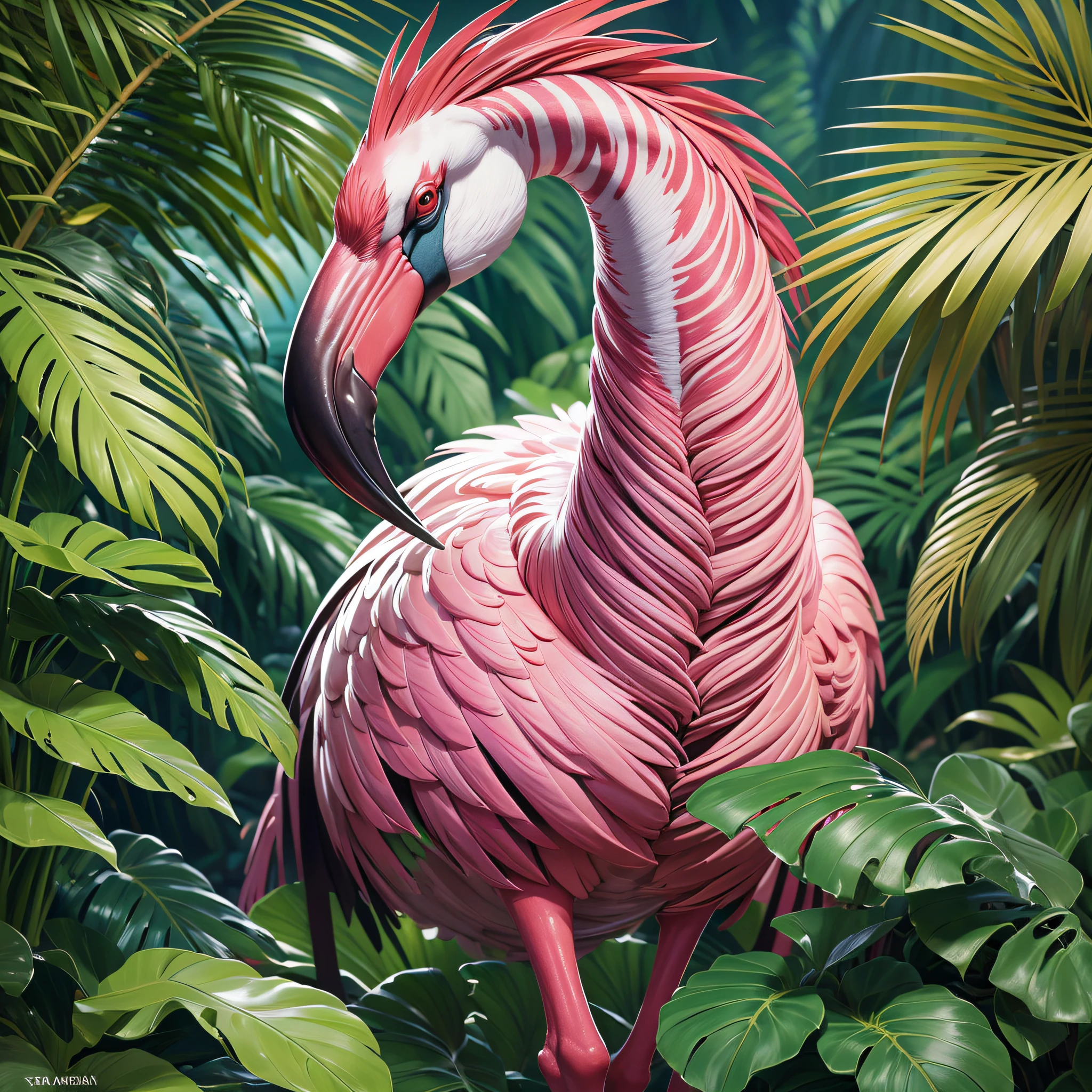 lush flamingos and zebras, tropical forest, moist, wet foliage, extravagant sunset, painting rich in detail, elegant, tropical foliage, striking palm trees, high definition quality, ultra detailed, cinematic, raw, 8k, flamingos in the background dancing Hawaiian hula, highly detailed feathers, richness of detail, hyper realistic, surrealist, dream, illusion, award-winning painting, HD quality, 2.8 aperture, by Susan Heidi, tropical paradise, inspired by Hildebrandt, David B. Mattingly, by Wayne England, Joe Jusko, amazing background, tropical atmosphere, Richard Maythew, by Ron Walotsky, full of fauna, (Ultra High Anti-Aliasing, Intricate Detail, Art Station, Virtual Engine, DOF, Super Resolution, Megapixel, FKAA, TXAA, RTX, SSAO, Post-Processing, Post-Production, Tone Mapping, CGI, VFX, SFX, Crazy Detail and Complexity, Ultra Realistic Ultra Detail, Super Detail, Realistic, Ultra Realistic, Unreal Engine, 8K, Masterpiece, Best Quality, Ray Tracing, Depth of Field, Surrealistic