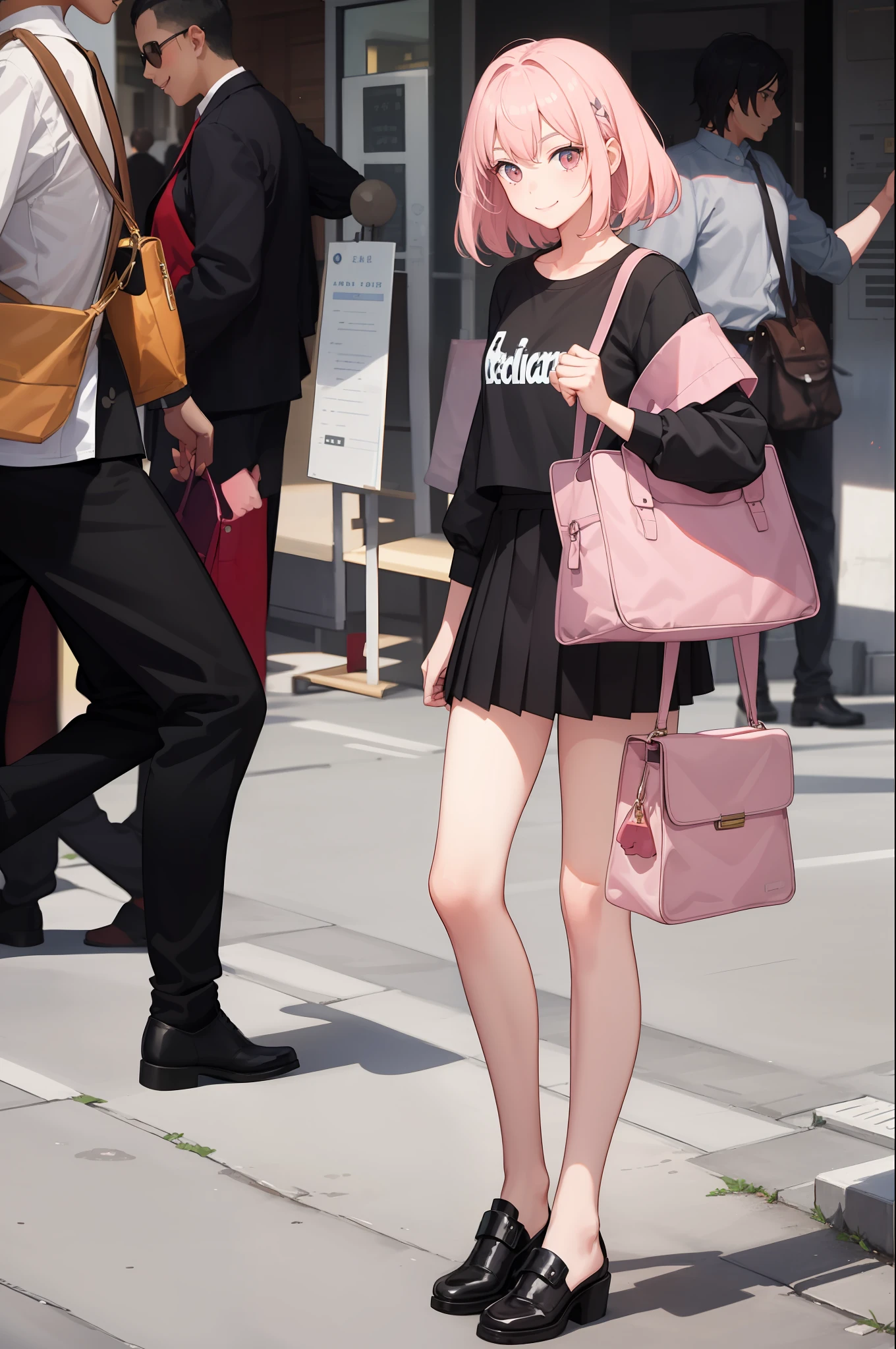 1 girl, smile, shirt, skirt, (small) chilarism, light pink hair,