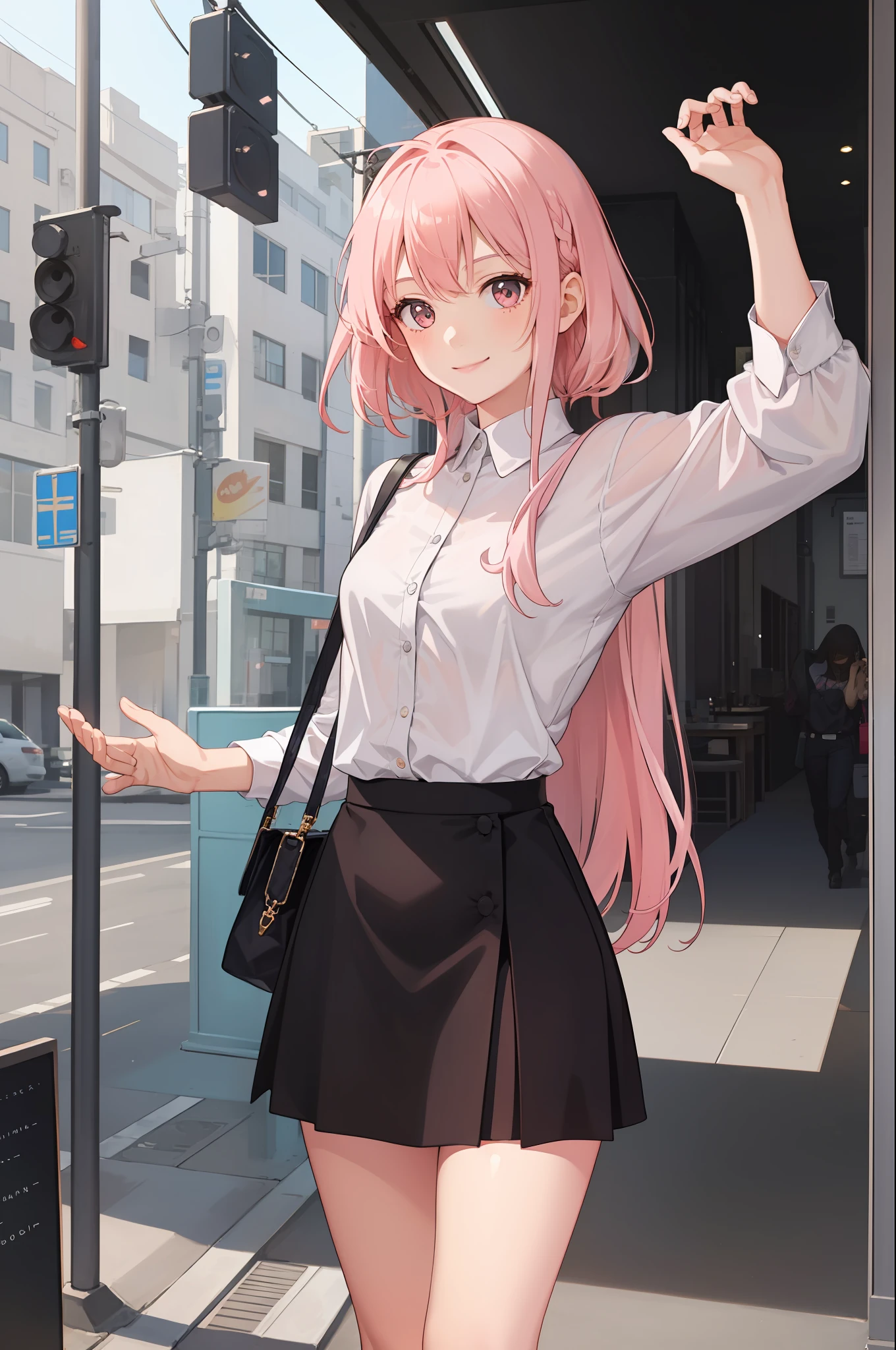 1 girl, smile, shirt, skirt, (small) chilarism, light pink hair,