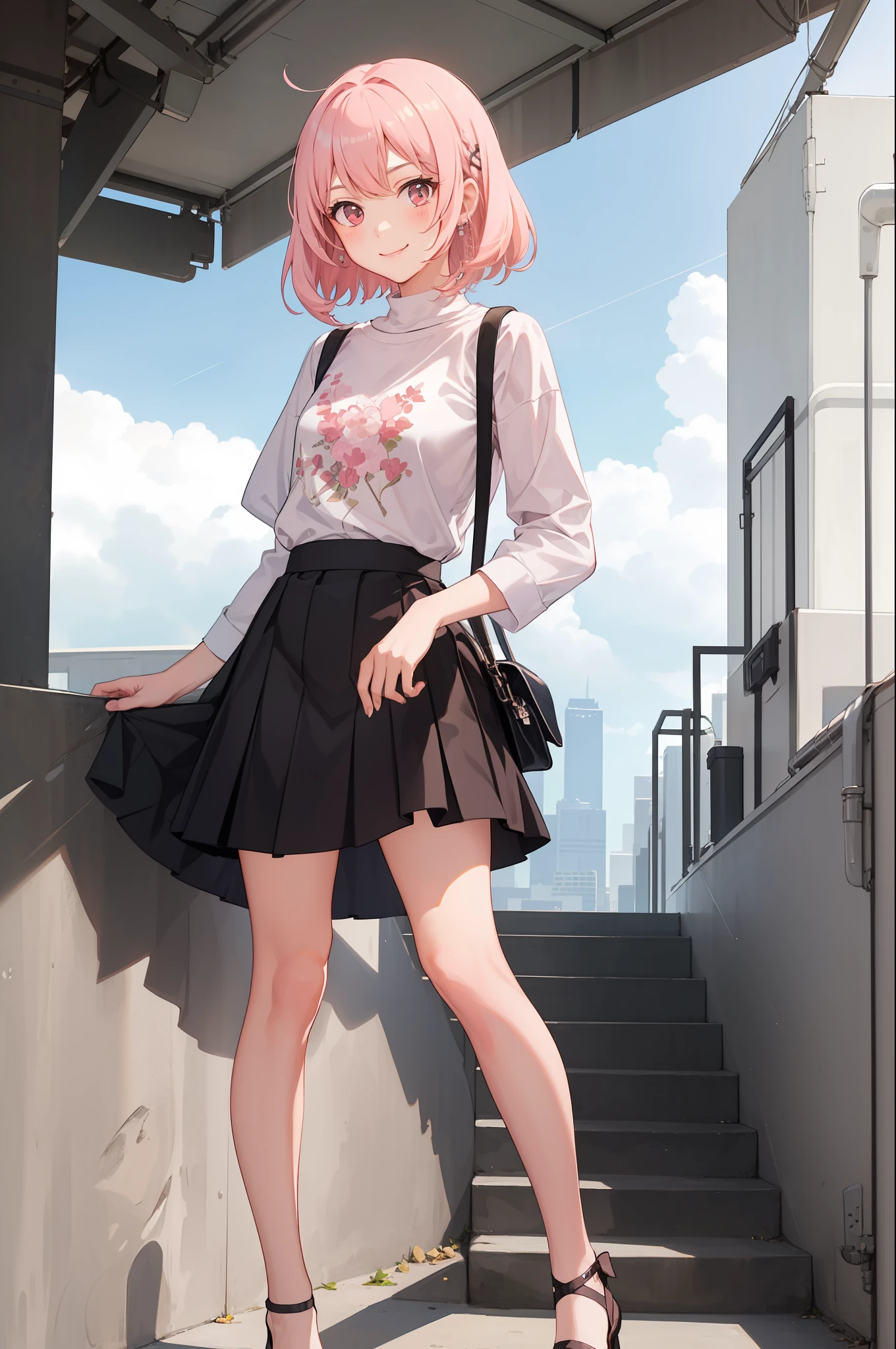 1 girl, smile, shirt, skirt, (small) chilarism, light pink hair,