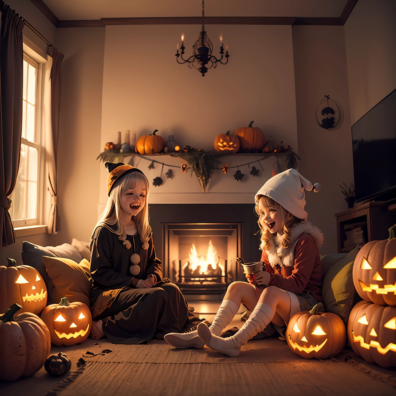 Halloween ghost banner, Hang in a cozy living room full of laughter and joy, Kids in cute costumes, Surrounded by family, Pumpkin ornaments and spooky props decorate the space, Warm and inviting lighting, A festive atmosphere that brings everyone together to celebrate the festival. --auto