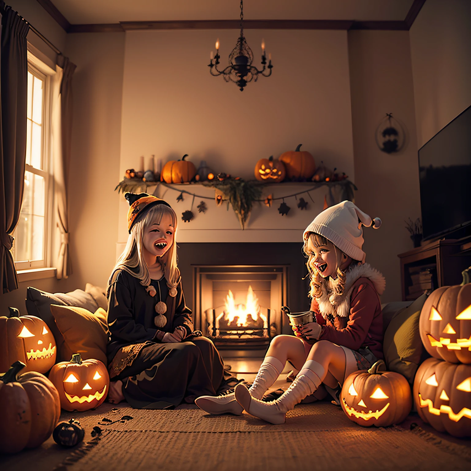 Halloween ghost banner, Hang in a cozy living room full of laughter and joy, ???? in cute costumes, Surrounded by family, Pumpkin ornaments and spooky props decorate the space, Warm and inviting lighting, A festive atmosphere that brings everyone together to celebrate the festival. --auto