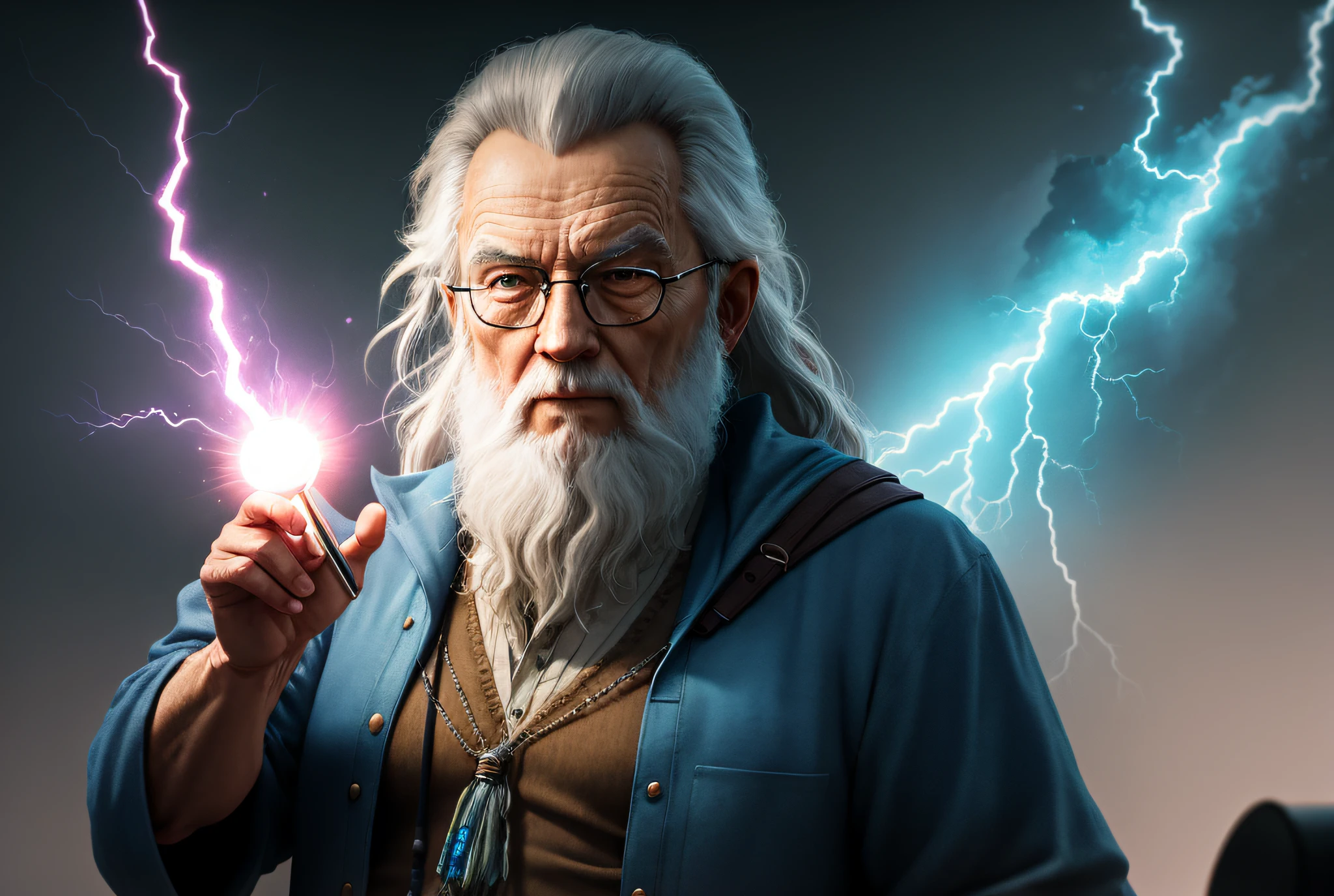 There's an old man of 65 years casting a spell in his hand, he's casting a lighting spell, 3D render senior artist, Gandalf casts a lightning bolt, full portrait of electromancer, cinematic lightning and colors, digitally painted, Beeple and Jean Giraud,