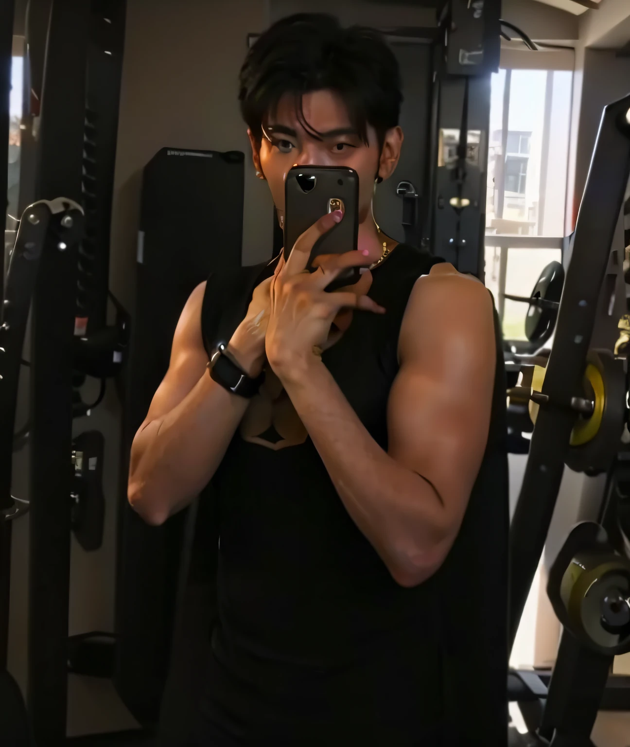 there is a man taking a picture of himself in the gym, fit pic, working out, in a gym, taejune kim, jung jaehyun, wearing a low cut tanktop, jinyoung shin, korean muscle boy 2 , wearing tanktop, profile pic, hyung tae, shoulders can be seen, tight black tanktop, kim doyoung