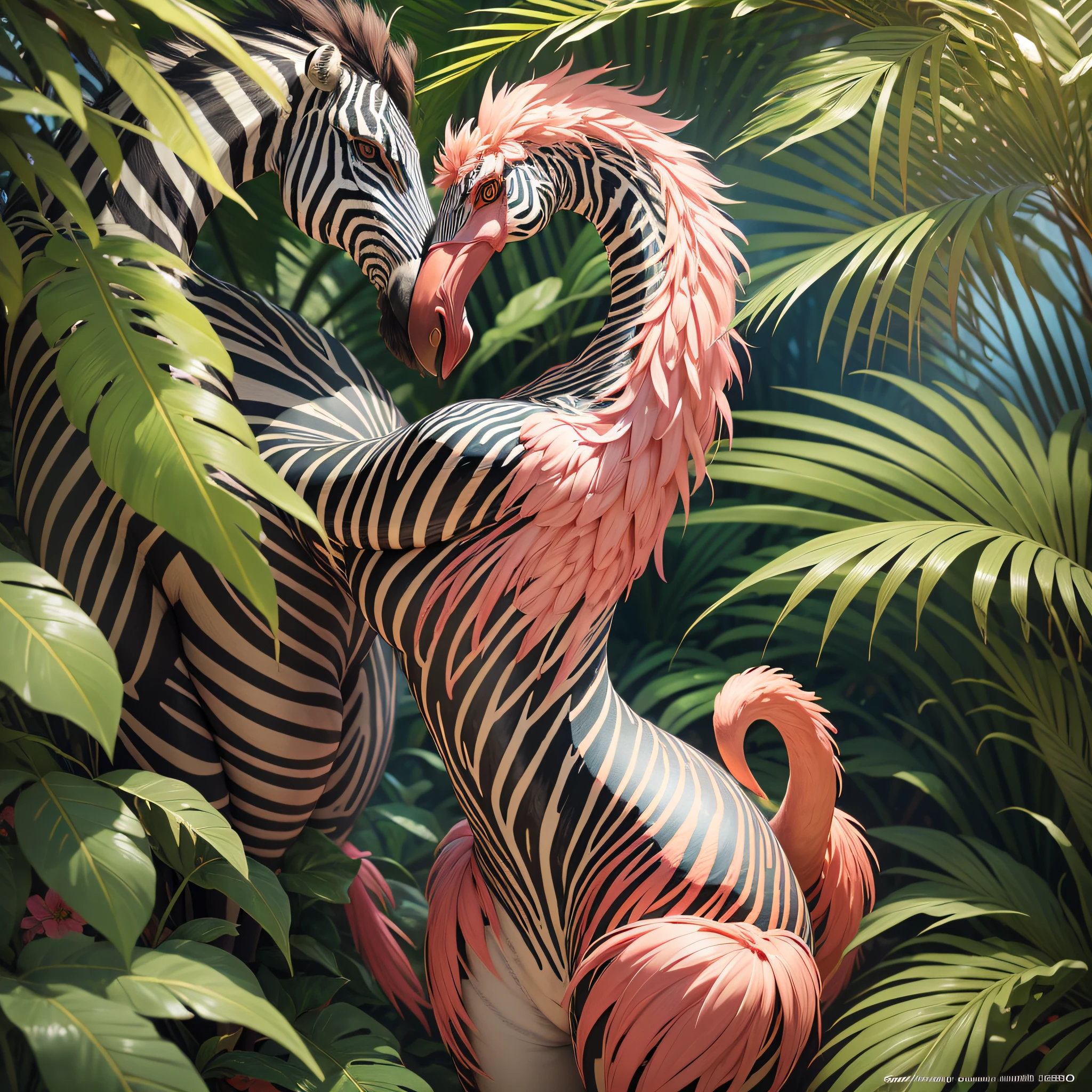 flamingos and ((zebras++))lush, tropical forest, moist, wet, extravagant sunset, painting rich in detail, elegant, tropical foliage, striking palm trees, altissima quality of definition, ultra detailed, cinematic, raw, 8k, flamingos in the background dancing Hawaiian hula, highly detailed feathers, richness of detail, hyper realistic, surrealist, dream, illusion, award-winning painting, HD quality, 2.8 aperture, by Susan Heidi, tropical paradise, inspired by Hildebrandt, David B. Mattingly, by Wayne England, Joe Jusko, amazing background, tropical atmosphere, Richard Maythew, by Ron Walotsky, full of fauna, (Ultra High Anti-Aliasing, Intricate Detail, Art Station, Virtual Engine, DOF, Super Resolution, Megapixel, FKAA, TXAA, RTX, SSAO, Post-Processing, Post-Production, Tone Mapping, CGI, VFX, SFX, Crazy Detail and Complexity, Ultra Realistic Ultra Detail, Super Detail, Realistic, Ultra Realistic, Unreal Engine, 8K, Masterpiece, Best Quality, Ray Tracing, Depth of Field, Surrealistic