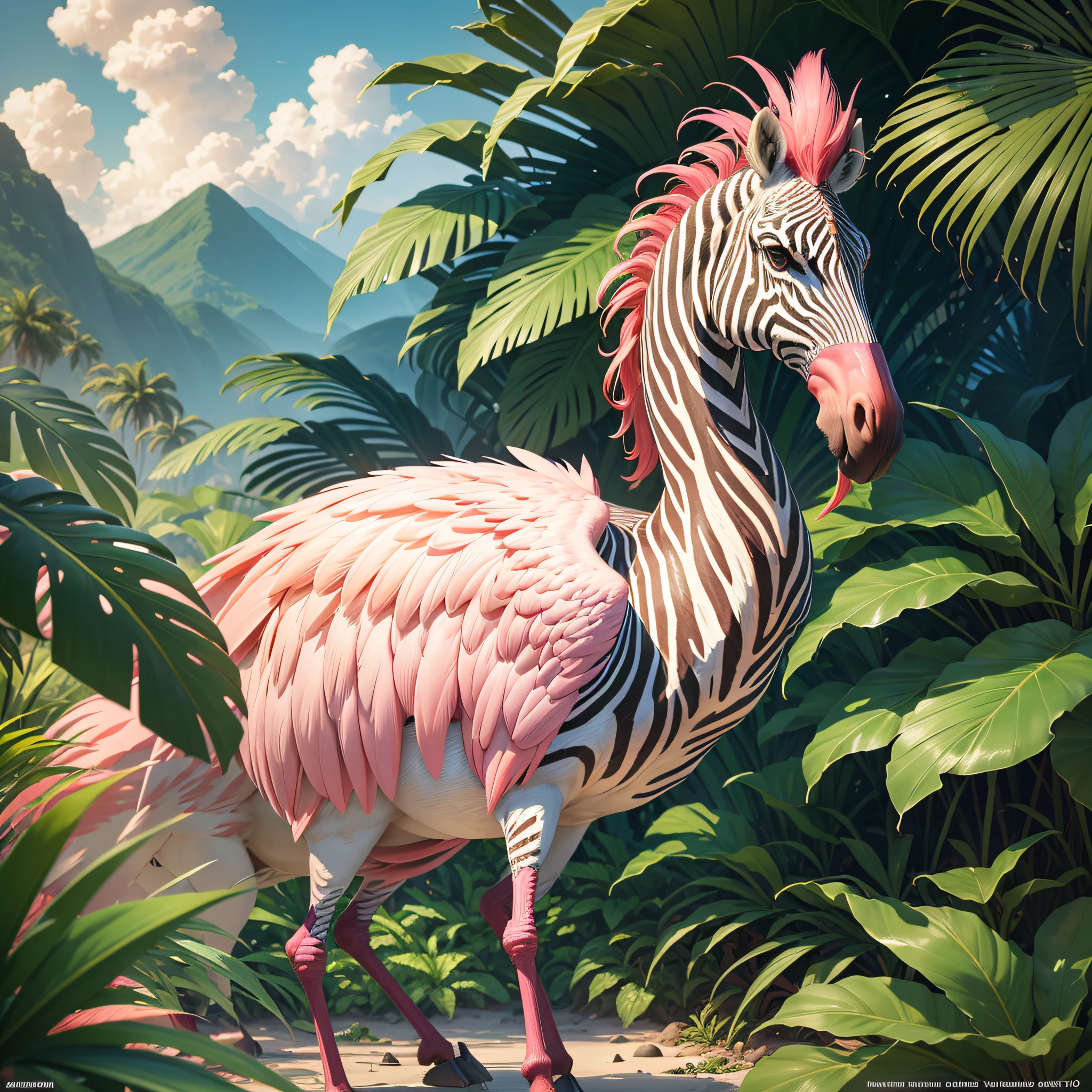 flamingos and ((zebras++))lush, tropical forest, moist, wet, extravagant sunset, painting rich in detail, elegant, tropical foliage, striking palm trees, altissima quality of definition, ultra detailed, cinematic, raw, 8k, flamingos in the background dancing Hawaiian hula, highly detailed feathers, richness of detail, hyper realistic, surrealist, dream, illusion, award-winning painting, HD quality, 2.8 aperture, by Susan Heidi, tropical paradise, inspired by Hildebrandt, David B. Mattingly, by Wayne England, Joe Jusko, amazing background, tropical atmosphere, Richard Maythew, by Ron Walotsky, full of fauna, (Ultra High Anti-Aliasing, Intricate Detail, Art Station, Virtual Engine, DOF, Super Resolution, Megapixel, FKAA, TXAA, RTX, SSAO, Post-Processing, Post-Production, Tone Mapping, CGI, VFX, SFX, Crazy Detail and Complexity, Ultra Realistic Ultra Detail, Super Detail, Realistic, Ultra Realistic, Unreal Engine, 8K, Masterpiece, Best Quality, Ray Tracing, Depth of Field, Surrealistic