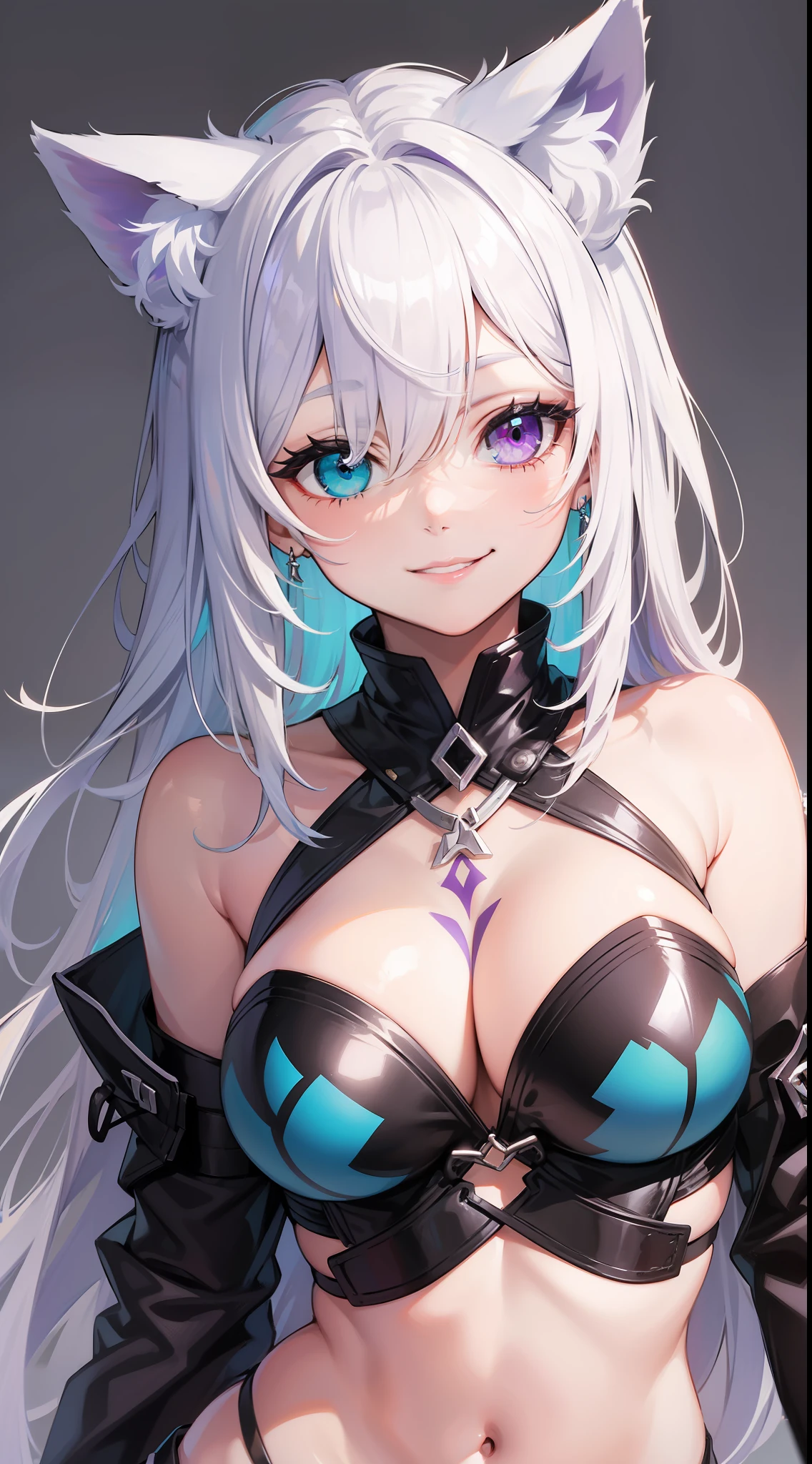 Young, long white hair, heterochromia, (left eye blue, right eye purple), white cat ears, turquoise top, open chest, tattoos, smile, masterpiece, high quality