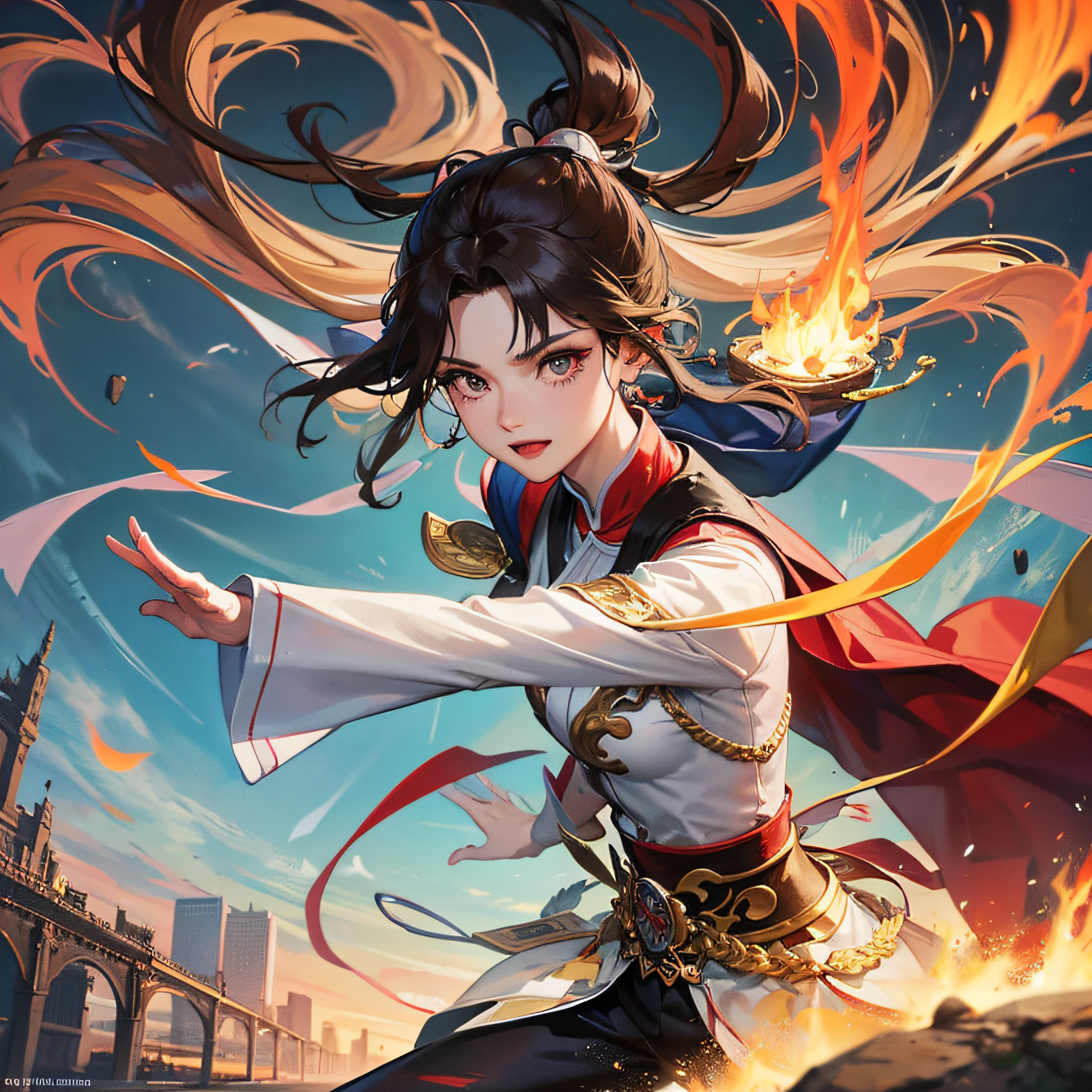 Beautiful rendering, Flying Cloud City, multi-person sword qi, light gong fighting method, many people, air people, cities floating in mid-air, Western European ancient city, Genting Heavenly Palace, air man fighting method, qigong, sword qi, popular flying fire, brilliant moves, 8K, super fine details --auto