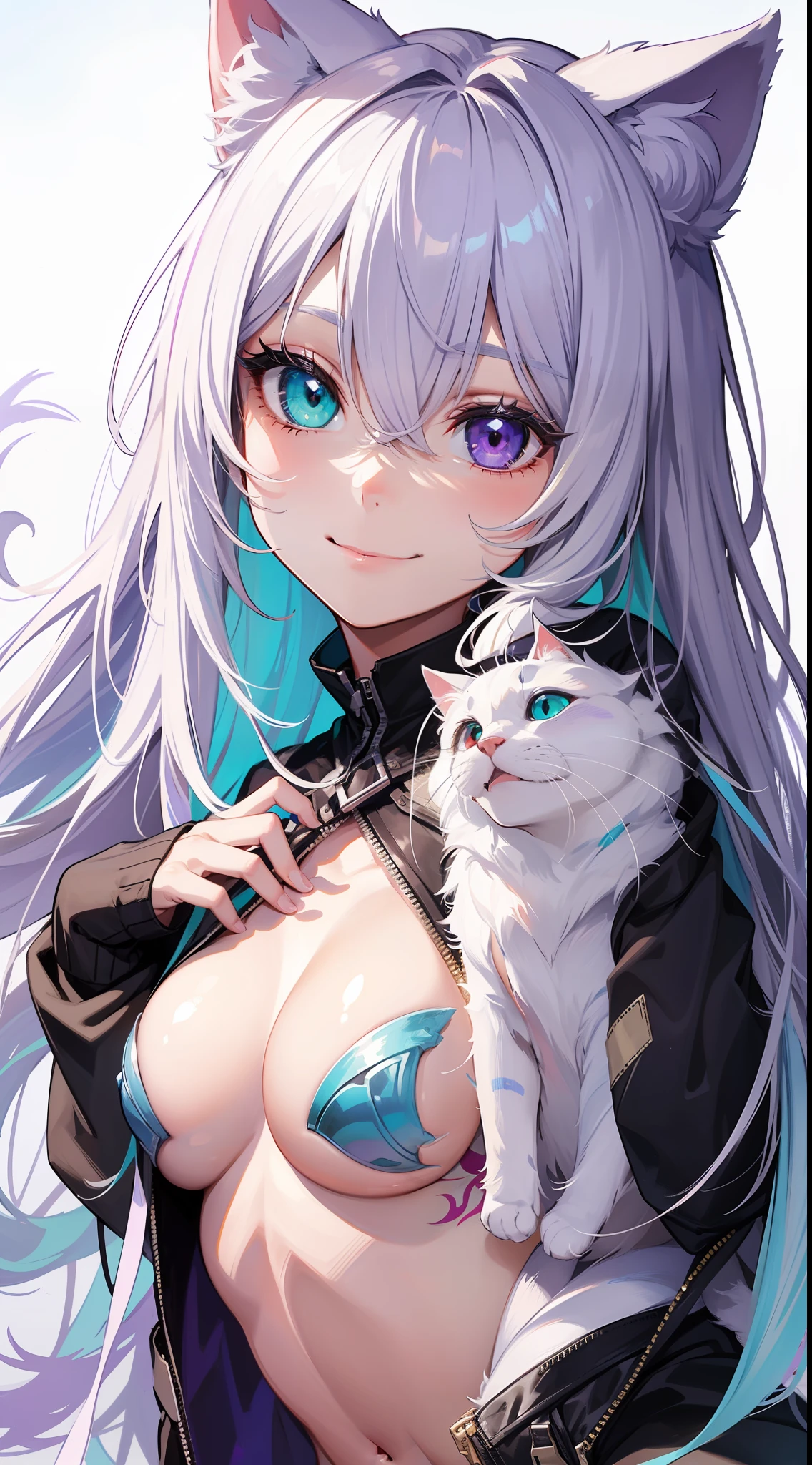 Young, long white hair, heterochromia, (left eye blue, right eye purple), white cat ears, turquoise top, open chest, tattoos, smile, masterpiece, high quality