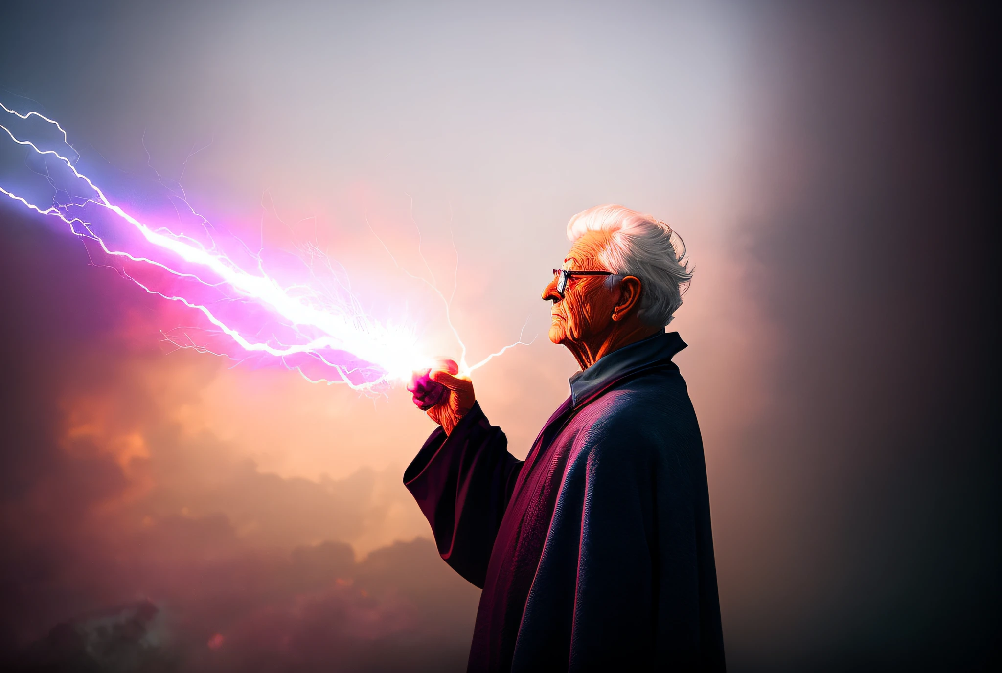 There's an old man of 65 years casting a spell in his hand, he's casting a lighting spell, 3D render senior artist, Gandalf casts a lightning bolt, full portrait of electromancer, cinematic lightning and colors, digitally painted, Beeple and Jean Giraud,