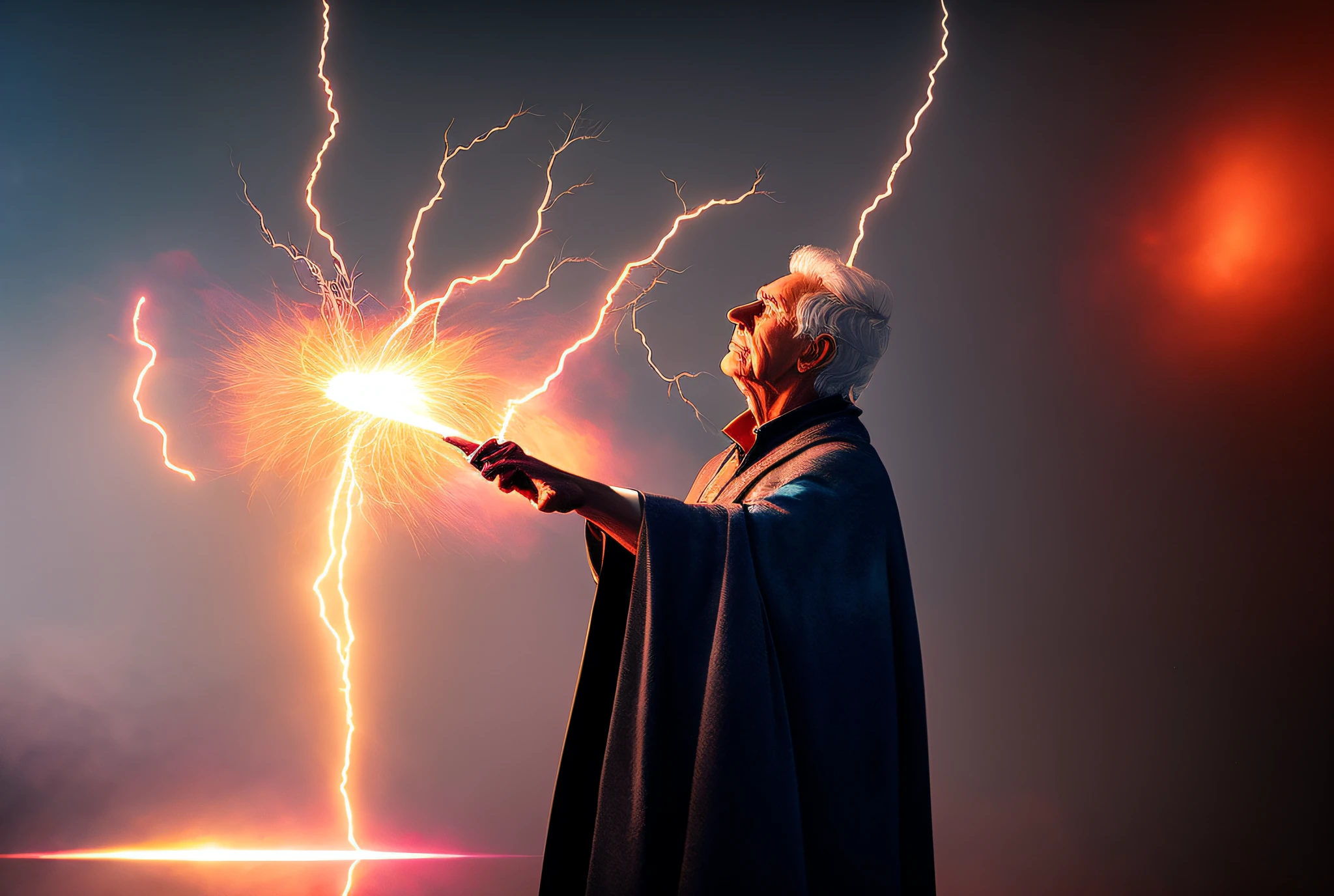 There's an old man of 65 years casting a spell in his hand, he's casting a lighting spell, 3D render senior artist, Gandalf casts a lightning bolt, full portrait of electromancer, cinematic lightning and colors, digitally painted, Beeple and Jean Giraud,