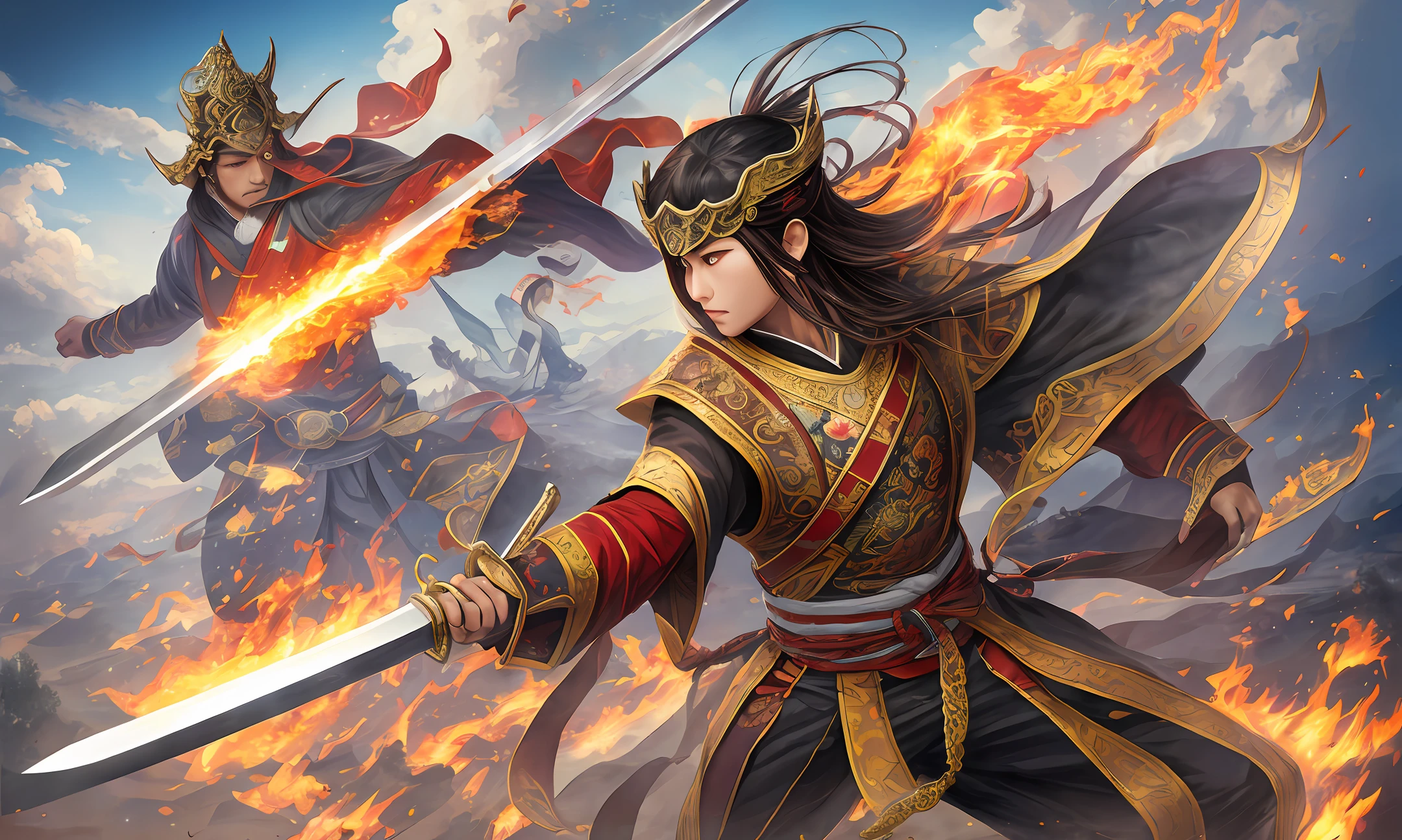 Magnificent beautiful rendering, Flying Cloud City, multi-person sword qi, light gong fighting method, many people, air people, floating city in mid-air, Western European ancient city, Genting Heavenly Palace, air man fighting method, qigong, sword qi, popular flying fire, brilliant moves, 8K, super fine details --auto --s2
