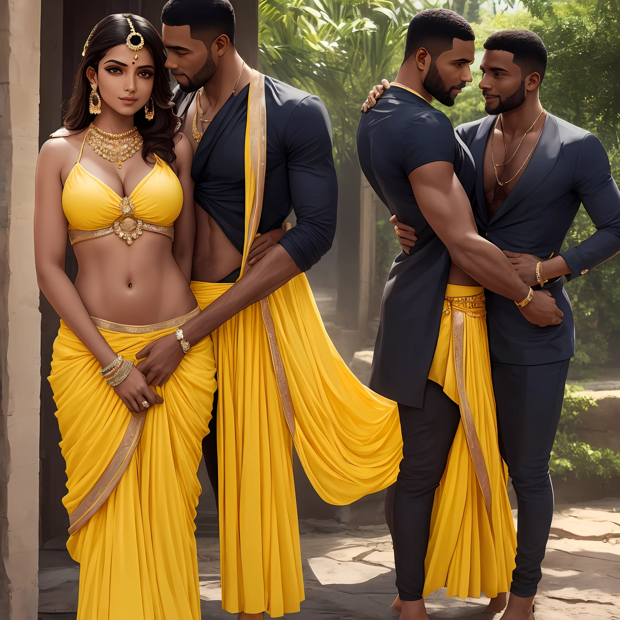 "A beautiful Indian princess in a stunning, jewel-adorned bikini-style yellow dress, confidently showing off her toned stomach and long legs. She stands beside a handsome black man, hugging pose in front of camera realistic image detail image.