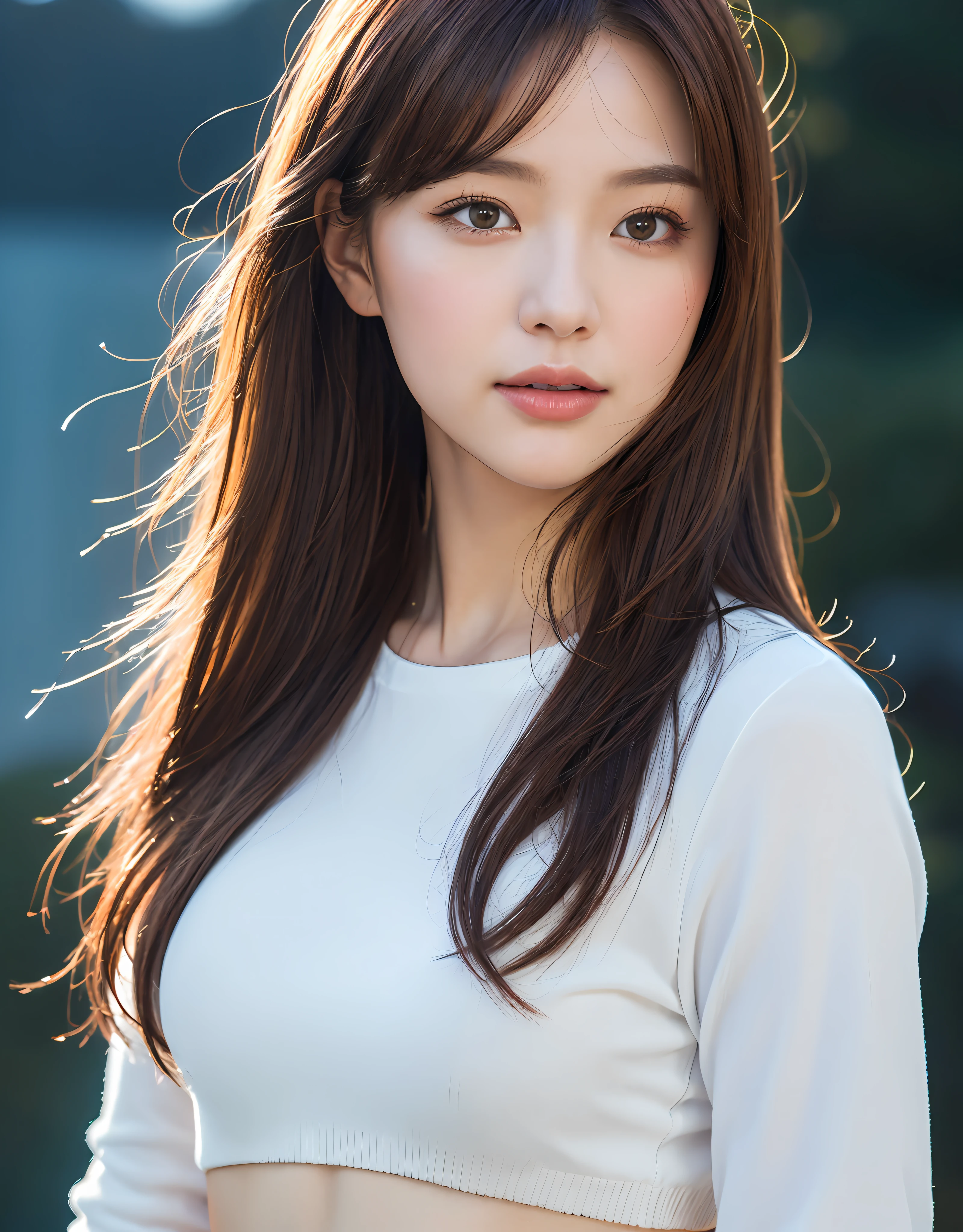 (Daytime, Excellent, 8K, Masterpiece:1.3)), Full body, Long legs, Focal length: 1.2, Perfect Body Beauty: 1.4, Slim Abs: 1.1, ((Dark Brown Hair, Big Breasts: 1.2 )), (Long Sleeve White Top, Jeans, Standing: 1.2), ((Sea, Blue Sky and White Clouds: 1.3)), Highly Detailed Face and Skin Texture, Detailed Eyes, Double Eyelids, Flying Long Hair Absurdres, 1girl, Star Eye, Blush, ( realistic:1.5), (masterpiece, Extremely detailed CG unity 8k wallpaper, best quality, highres:1.2), (ultra_detailed, UHD:1.2), (pixiv:1.3), perfect lighting, distinct, (bishoujo:1.2), looking at viewer, unreal engine, sidelighting, perfect face, detailed face, beautiful eyes, beautiful face, (brightness: 1.3), idol, (abs), ulzzang-6500-v1.1, soft smile, upper body, (dark red hair), (simple background), (dark background), (depth of field), close-up, selfie