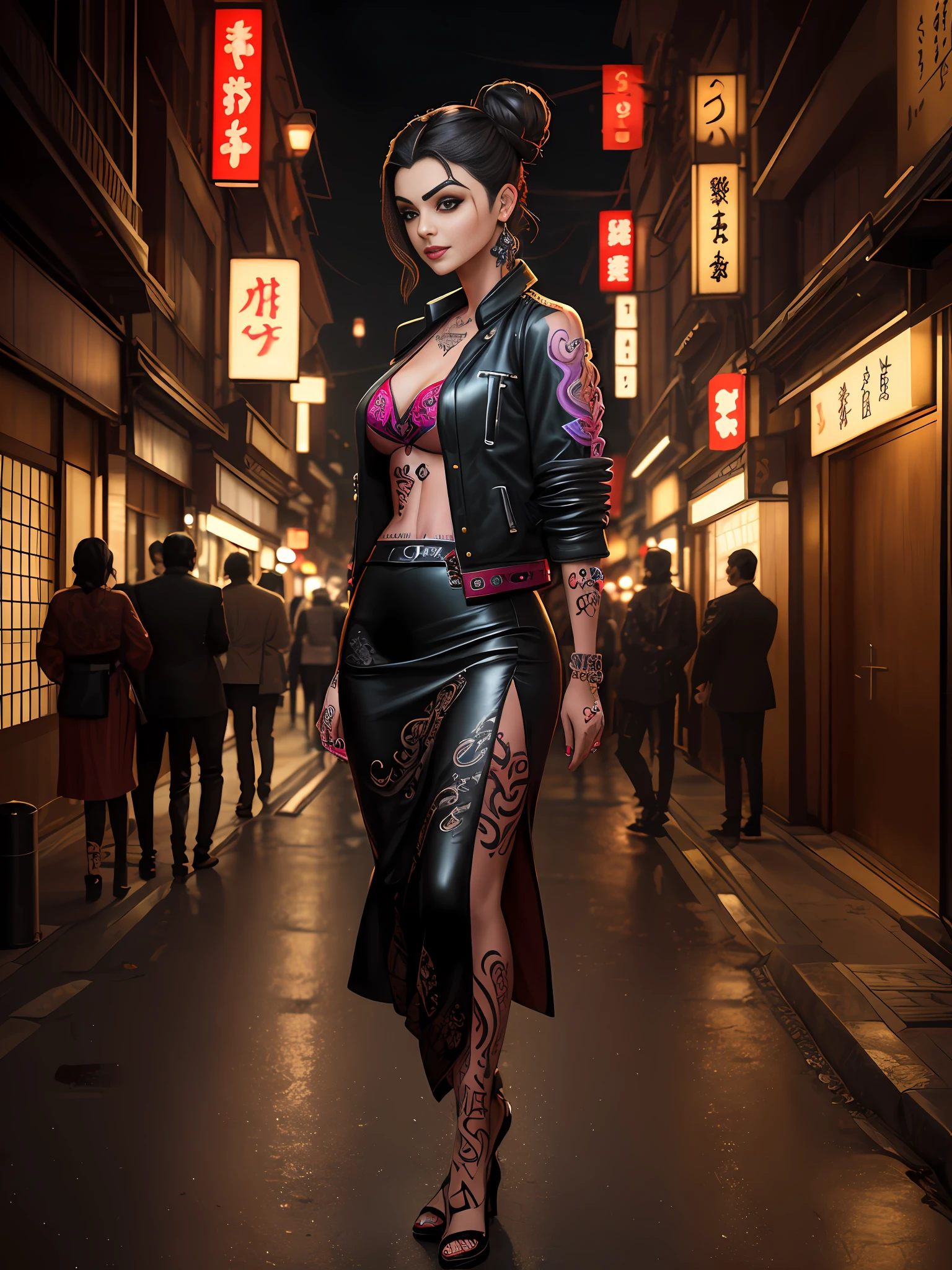 (masterpiece lifelike photography) of (solo:1.3) urban modern princess sexy 25yr old Aishwarya Rai warrier , mischevious smile, flirtatious & scandalous, dramatic lighting, walking on streets of kyoto at night, shopping district, wearing jacket and sexy indian bouse, elegant sexy tatooed pencil skirt, indian jewelrry, (maximalism:1.3), (heavily tattooed:1.3), asymmetrical hair, gradient hair, double bun, ultra sharp, hyper detailed  Renaissance, Romanticism, Surrealism, cinematic lighting, ray tracing, backlighting, key light, rim light, highlight, , textured skin, award winning, 16k