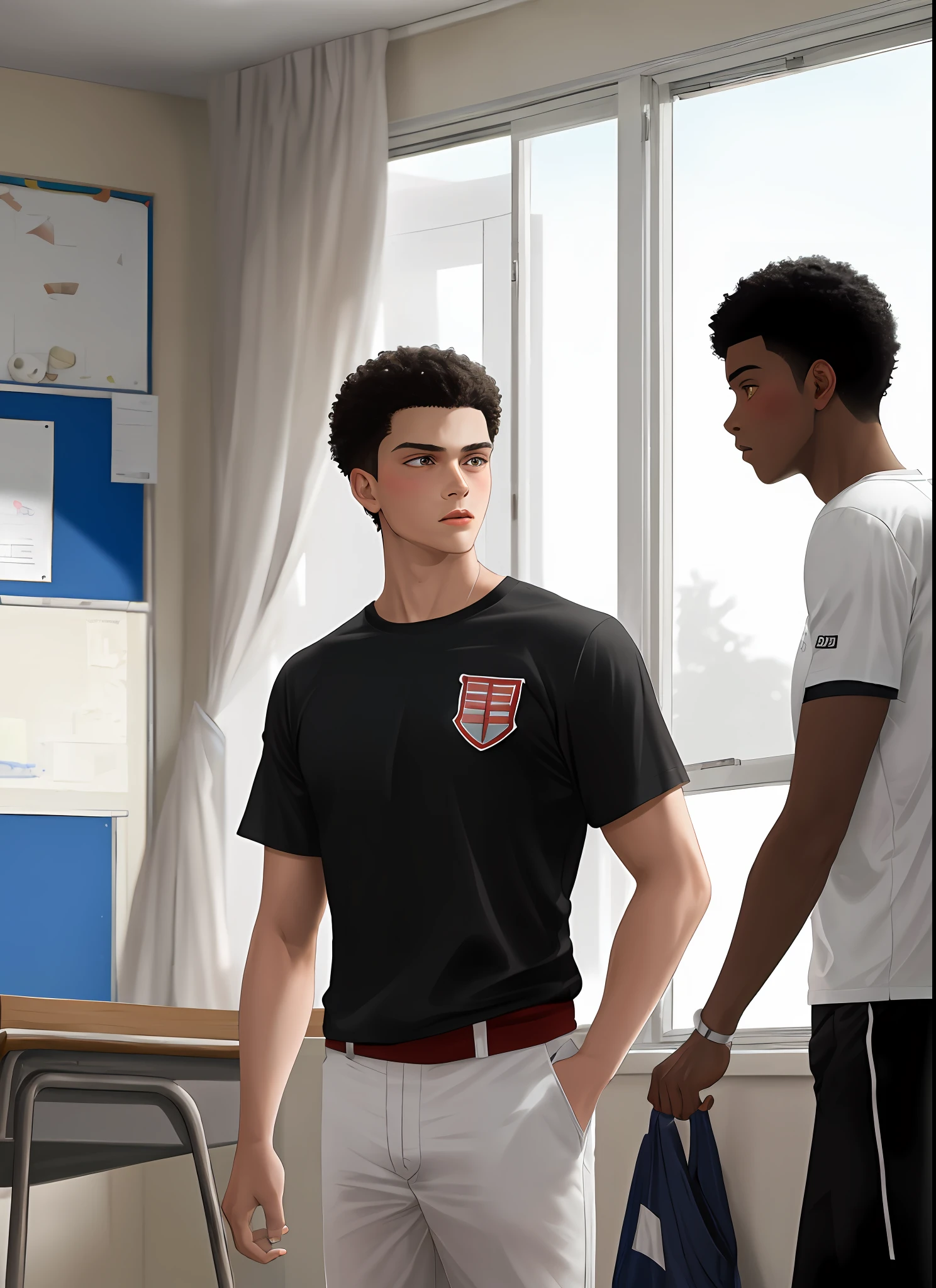 A white man and a black  boy, indoors, (masterpiece, best quality, absurdists), school, classroom, sportswear, light blush, romantic