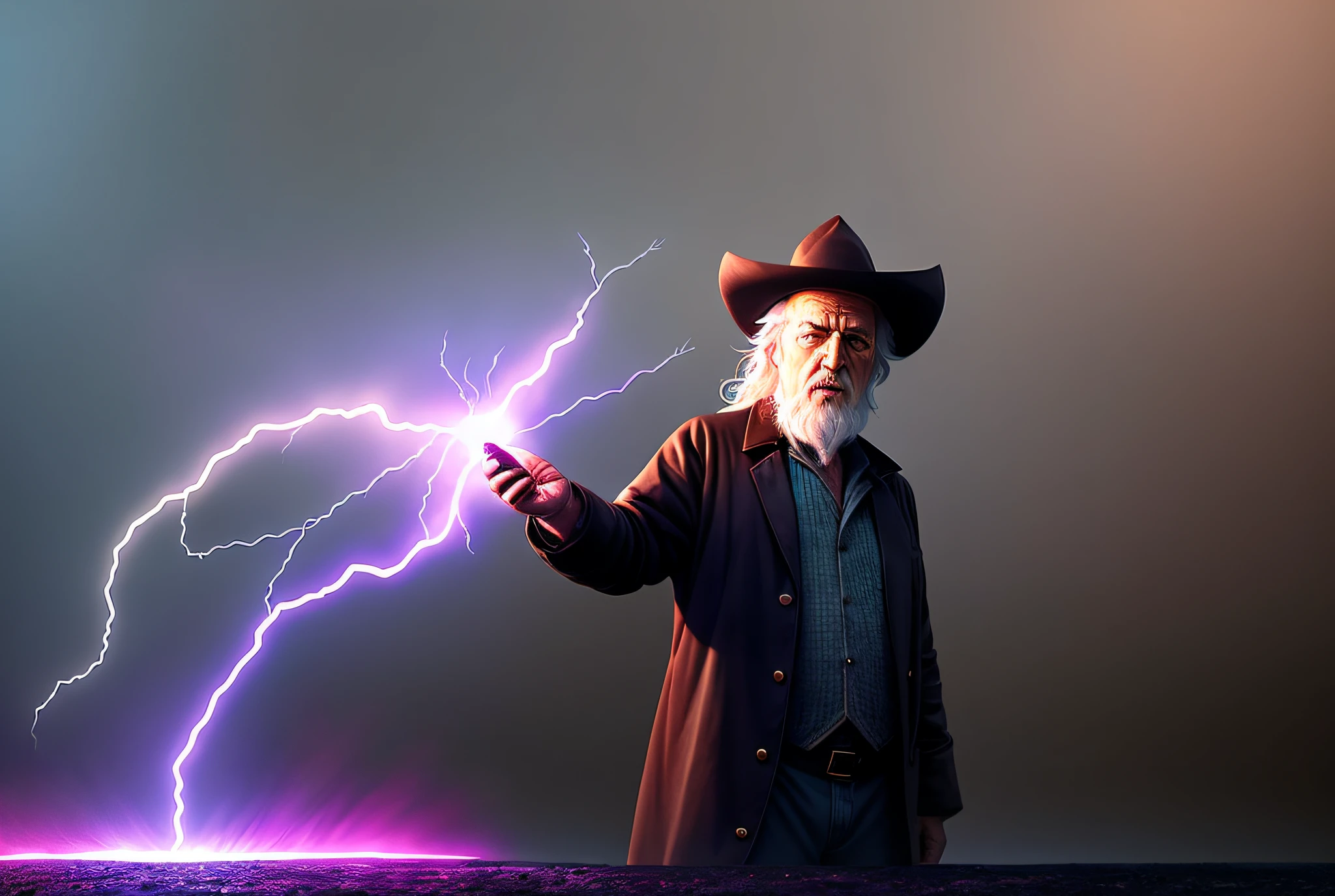 There's an old man of 65 years casting a spell in his hand, he's casting a lighting spell, 3D render senior artist, Gandalf casts a lightning bolt, full portrait of electromancer, cinematic lightning and colors, digitally painted, Beeple and Jean Giraud,