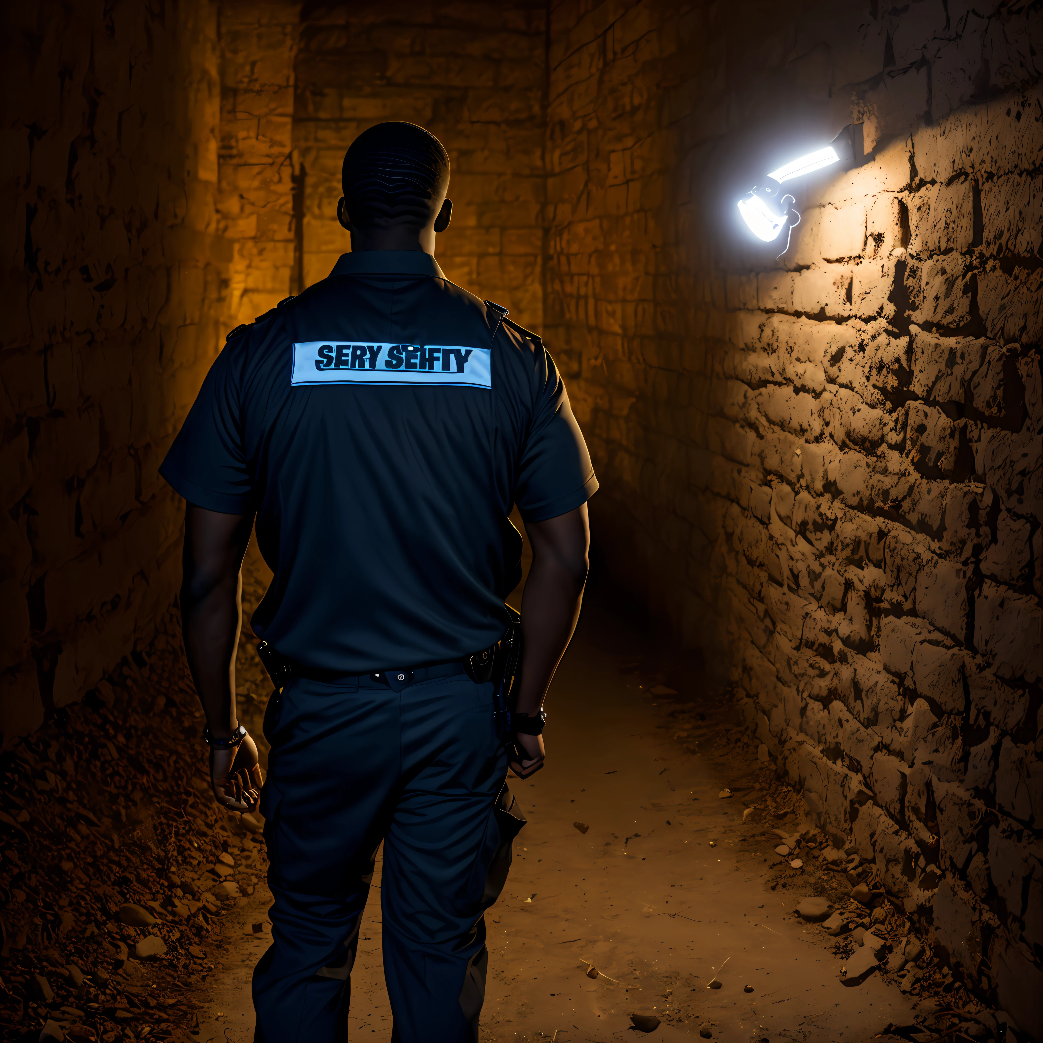 African American security guard, turned on his back, flashlight in hand, illuminating in the dark, in a dark place, in safety clothing --auto