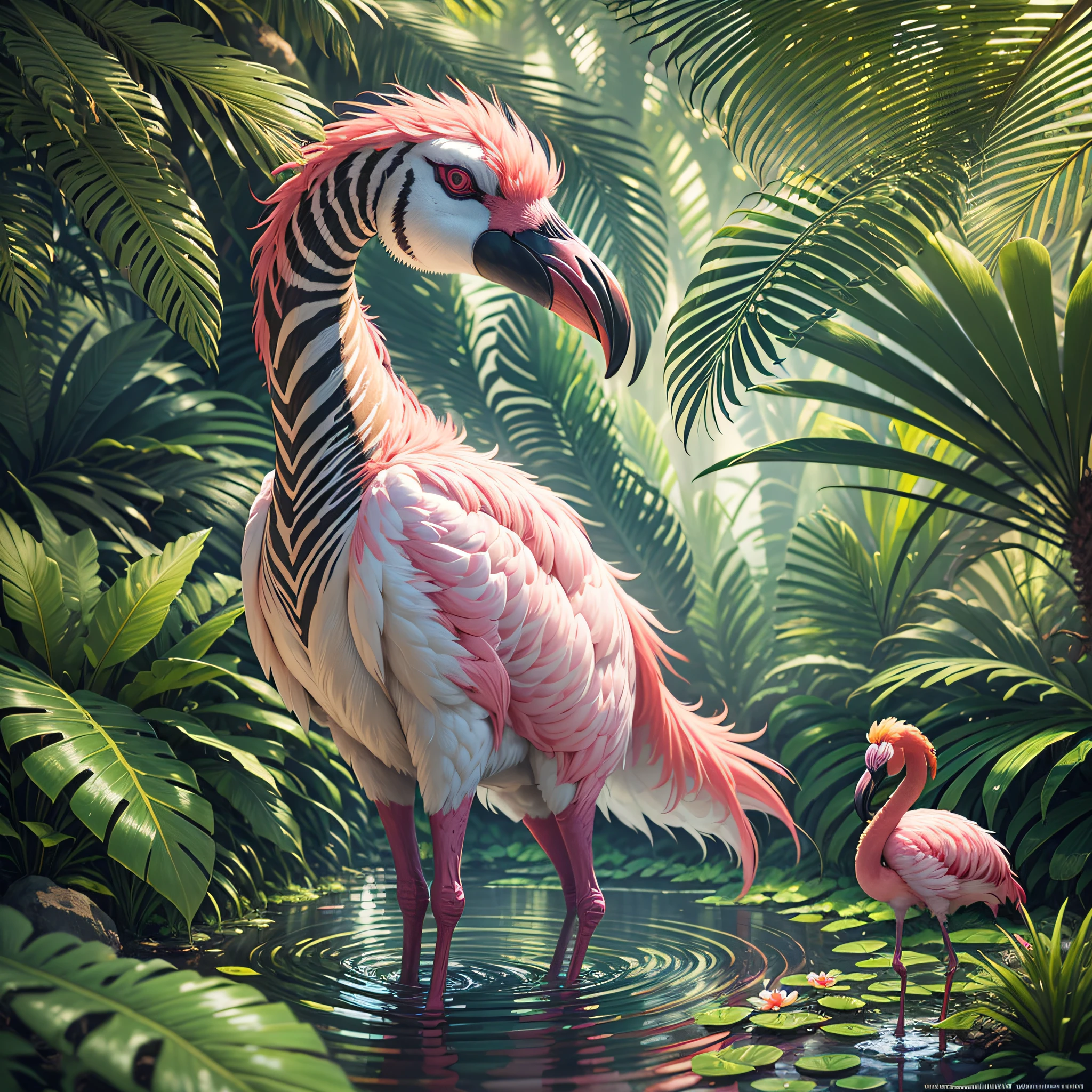 lush flamingos and zebras, tropical forest, moist, wet foliage, extravagant sunset, painting rich in detail, elegant, tropical foliage, striking palm trees, high definition quality, ultra detailed, cinematic, raw, 8k, flamingos in the background dancing Hawaiian hula, highly detailed feathers, richness of detail, hyper realistic, surrealist, dream, illusion, award-winning painting, HD quality, 2.8 aperture, by Susan Heidi,  tropical paradise, inspired by Hildebrandt, David B. Mattingly, by Wayne England, Joe Jusko, amazing background, tropical atmosphere, Richard Maythew, by Ron Walotsky, full of fauna, (Ultra High Anti-Aliasing, Intricate Detail, Art Station, Virtual Engine, DOF, Super Resolution, Megapixel, FKAA, TXAA, RTX, SSAO, Post-Processing, Post-Production, Tone Mapping, CGI, VFX, SFX, Crazy Detail and Complexity, Ultra Realistic Ultra Detail,  Super Detail, Realistic, Ultra Realistic, Unreal Engine, 8K, Masterpiece, Best Quality, Ray Tracing, Depth of Field