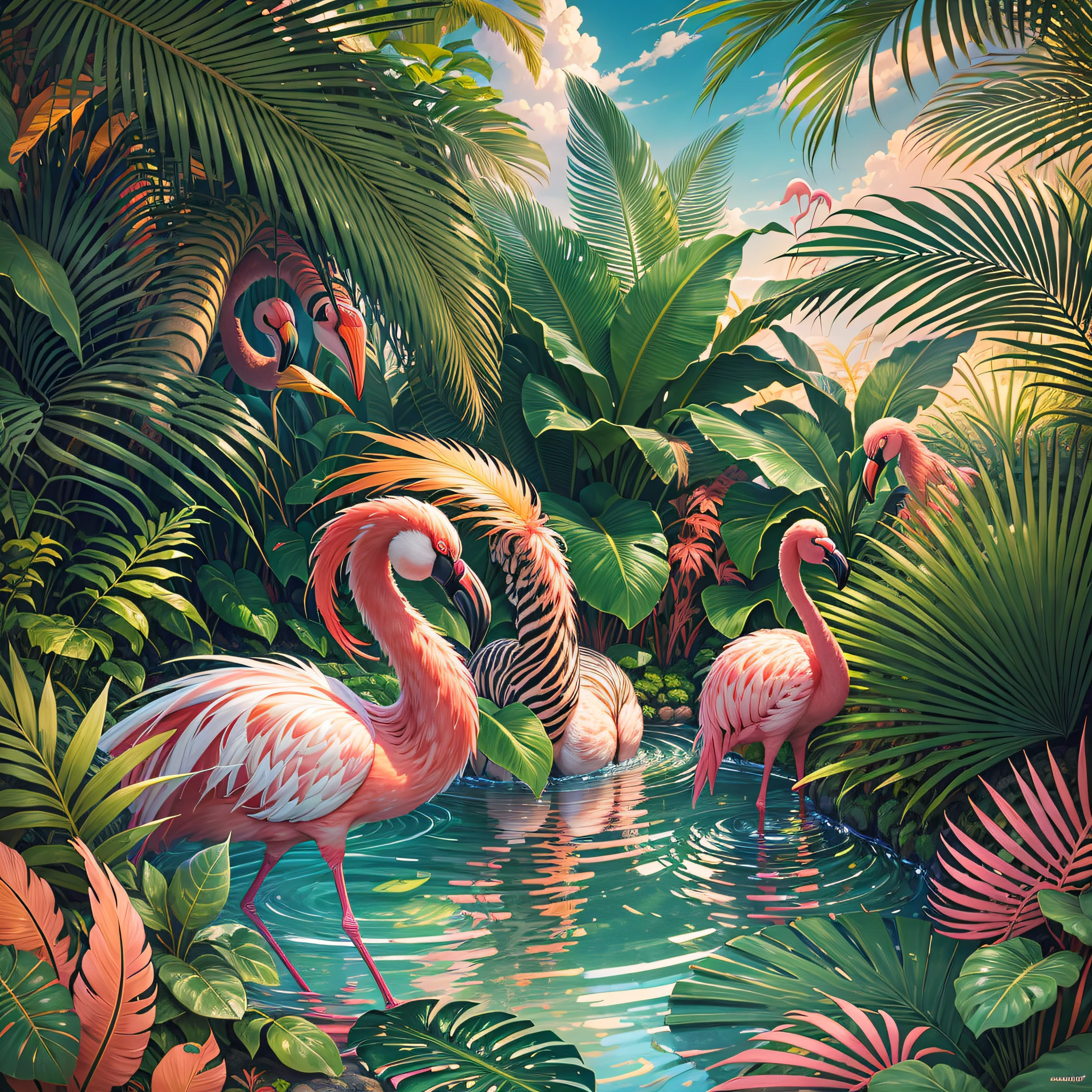 lush flamingos and zebras, tropical forest, moist, wet foliage, extravagant sunset, painting rich in detail, elegant, tropical foliage, striking palm trees, high definition quality, ultra detailed, cinematic, raw, 8k, flamingos in the background dancing Hawaiian hula, highly detailed feathers, richness of detail, hyper realistic, surrealist, dream, illusion, award-winning painting, HD quality, 2.8 aperture, by Susan Heidi,  tropical paradise, inspired by Hildebrandt, David B. Mattingly, by Wayne England, Joe Jusko, amazing background, tropical atmosphere, Richard Maythew, by Ron Walotsky, full of fauna