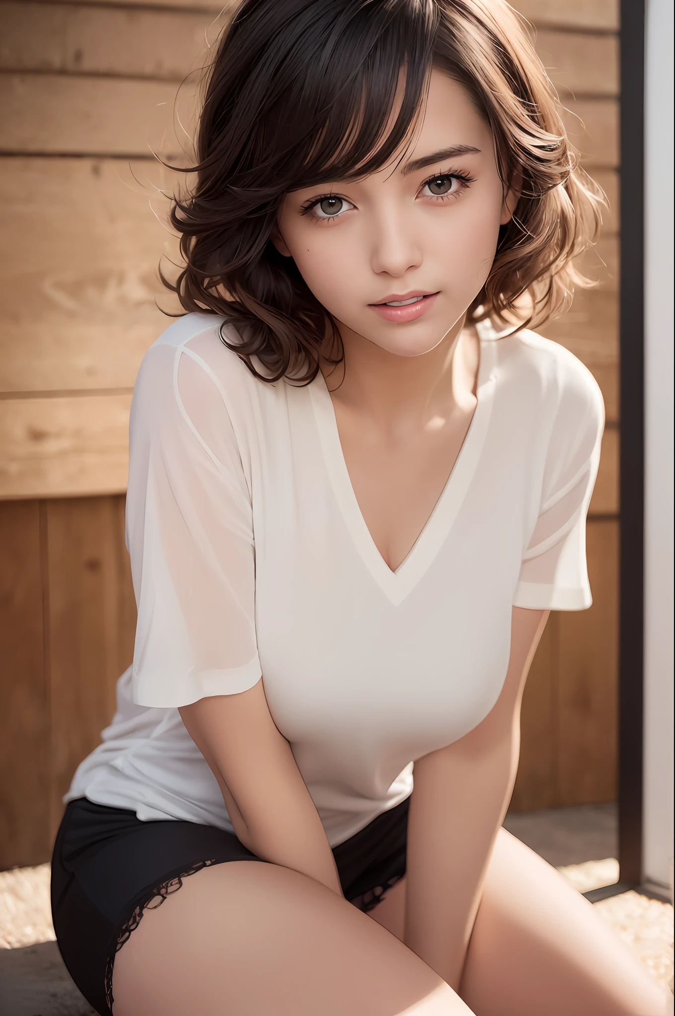 (RAW photo, best quality), (realistic, photo-realistic:1.3), masterpiece, an extremely delicate and beautiful, extremely detailed, CG, unity, 8k, amazing, finely detail, ultra-detailed, highres, absurdres, soft light, (black hair, short hair, curly hair, messy hair, bangs), beautiful detailed girl, detailed fingers, extremely detailed eyes and face, beautiful detailed nose, beautiful detailed eyes, (light on face), looking at viewer, (closed mouth:1.2), 1girl, cute, young, mature face, pale skin, (half body:1.3, sitting), (medium breasts), realistic face, realistic body, beautiful detailed thigh, (ulzzang-6500-v1.1:0.6), black shirt, (semi smile:1.3),