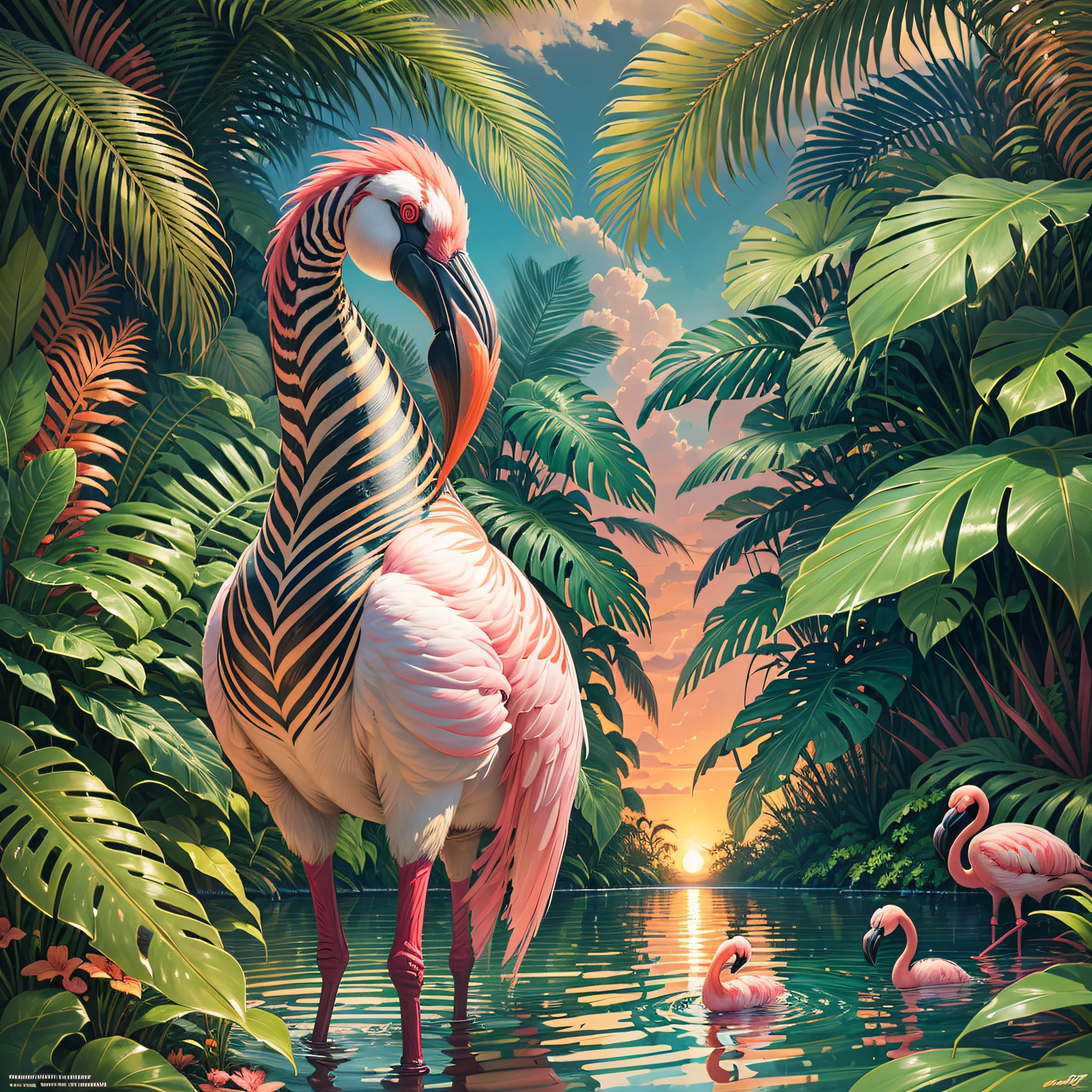 lush flamingos and zebras, tropical forest, moist, wet foliage, extravagant sunset, painting rich in detail, elegant, tropical foliage, striking palm trees, high definition quality, ultra detailed, cinematic, raw, 8k, flamingos in the background dancing Hawaiian hula, highly detailed feathers, richness of detail, hyper realistic, surrealist, dream, illusion, award-winning painting, HD quality, 2.8 aperture, by Susan Heidi, tropical paradise, inspired by Hildebrandt, David B. Mattingly, by Wayne England, Joe Jusko, amazing background, tropical atmosphere, Richard Maythew, by Ron Walotsky, full of fauna