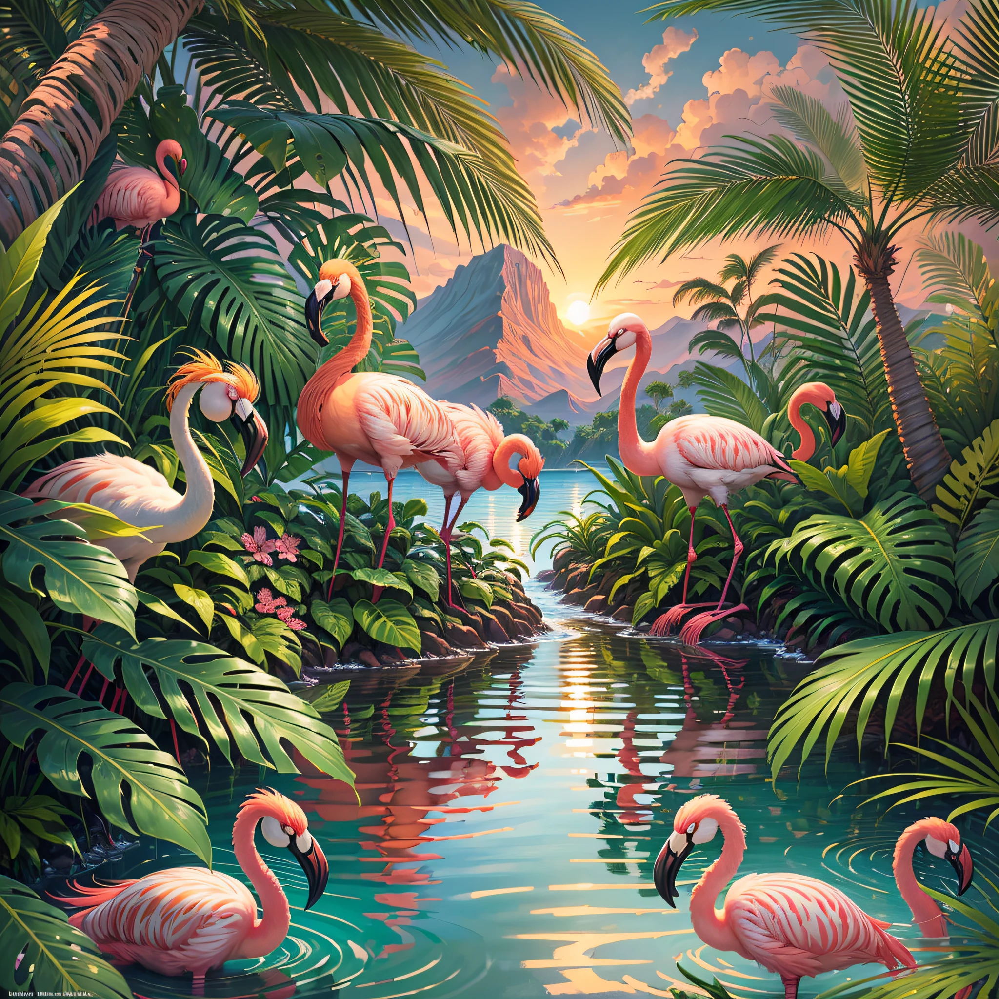 lush flamingos and zebras, tropical forest, moist, wet foliage, extravagant sunset, painting rich in detail, elegant, tropical foliage, striking palm trees, high definition quality, ultra detailed, cinematic, raw, 8k, flamingos in the background dancing Hawaiian hula, highly detailed feathers, richness of detail, hyper realistic, surrealist, dream, illusion, award-winning painting, HD quality, 2.8 aperture, by Susan Heidi, tropical paradise, inspired by Hildebrandt, David B. Mattingly, by Wayne England, Joe Jusko, amazing background, tropical atmosphere, Richard Maythew, by Ron Walotsky, full of fauna