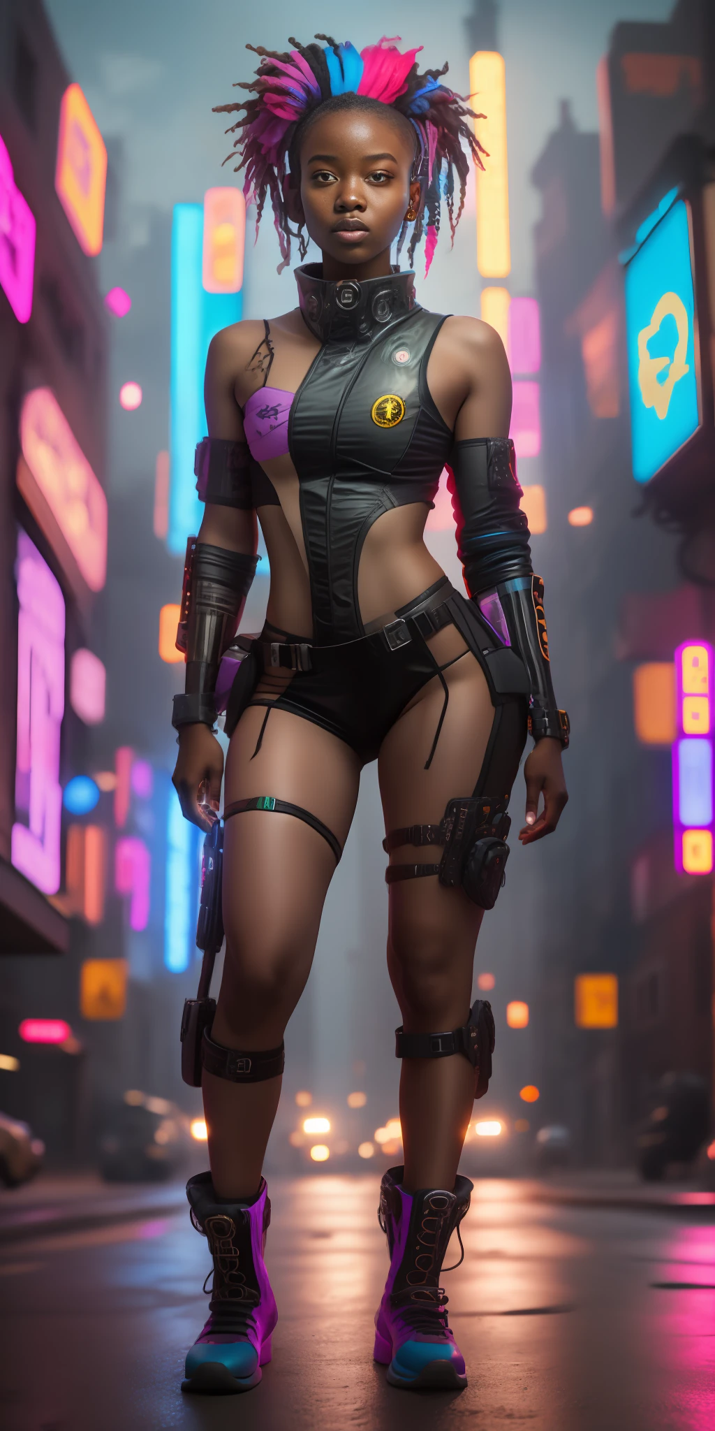 1 African American warrior girl 18 years old, full body,perfect,8k surrealism, bottom-up angle, in a night town (cyberpunk)