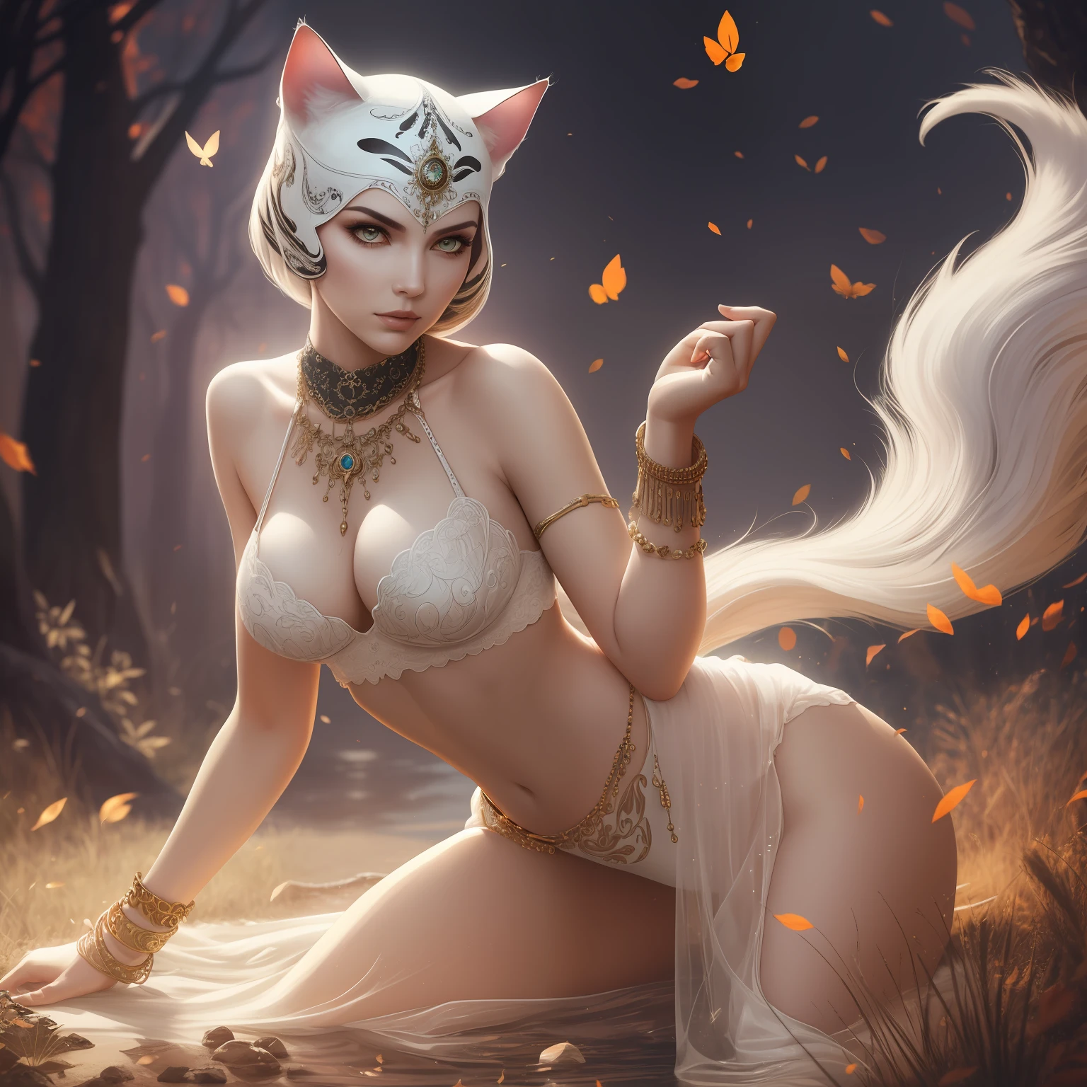 A dynamic image showcasing a powerful, ancient white catwoman, adorned with intricate, ornate jewelry and adorned with intricate, ornate patterns. The catwoman's glowing eyes and flowing, flowing tail add an element of mystery and power to the scene. The sunlight illuminates her, casting a soft, dreamy glow on the scene. telephoto lens, f/2.8 aperture, warm tones