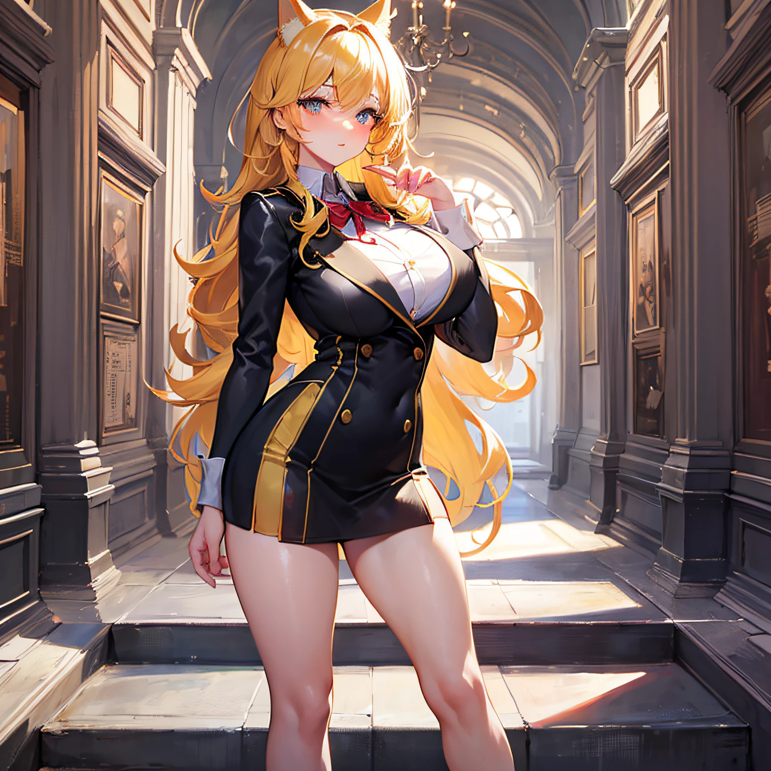 Absolutely beautiful fox charmer, perfect slim body, mature, yellow hair, large curly hair, college uniform, sexy and seductive, beautiful face, full body portrait, standing pose, 4K picture quality, big body, feminine expression, blush shyness, outrageous bust, deep eyes, huge breasts