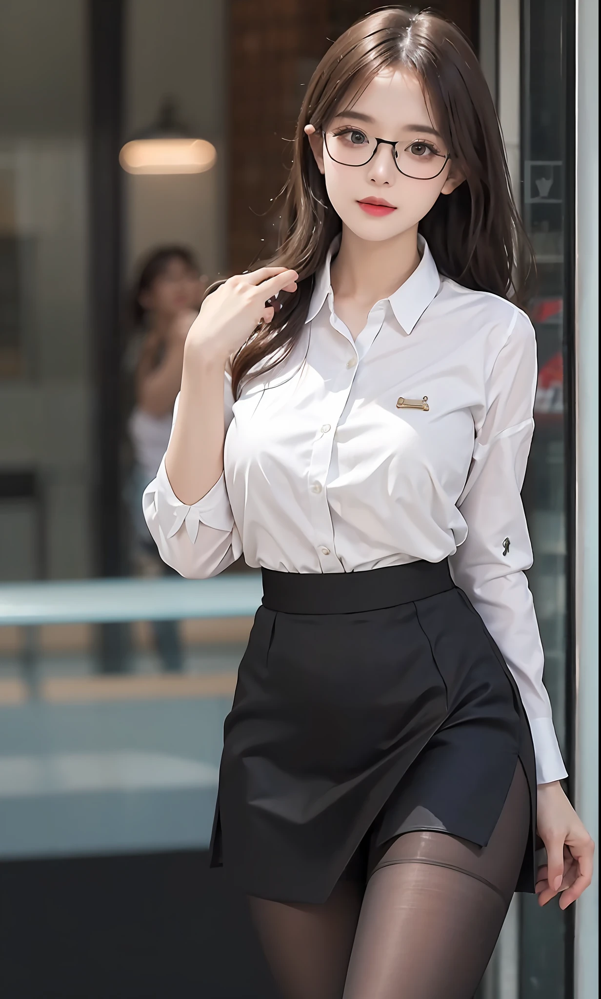 ulzzang-6500-v1.1, (raw photo:1.2), (photorealistic:1.4), beautiful detailed girl, very detailed eyes and face, beautiful detailed eyes, ridiculous, incredibly ridiculous, huge file size, super detailed, high resolution, very detailed, best quality, masterpiece, ((fashion clothing with diverse colors)), illustration, very detailed, CG, unified, 8k wallpaper, amazing, fine detail, masterpiece,best quality, very detailed CG uniform 8k wallpaper, light on face, movie lighting, 1girl, 16 years old, long white hair, side split, (medium breasts), (no panties)), (with glasses), ((dynamic pose))), (sexy pose))), (camel toe), (half), (pantyhose), ((black hip skirt))))