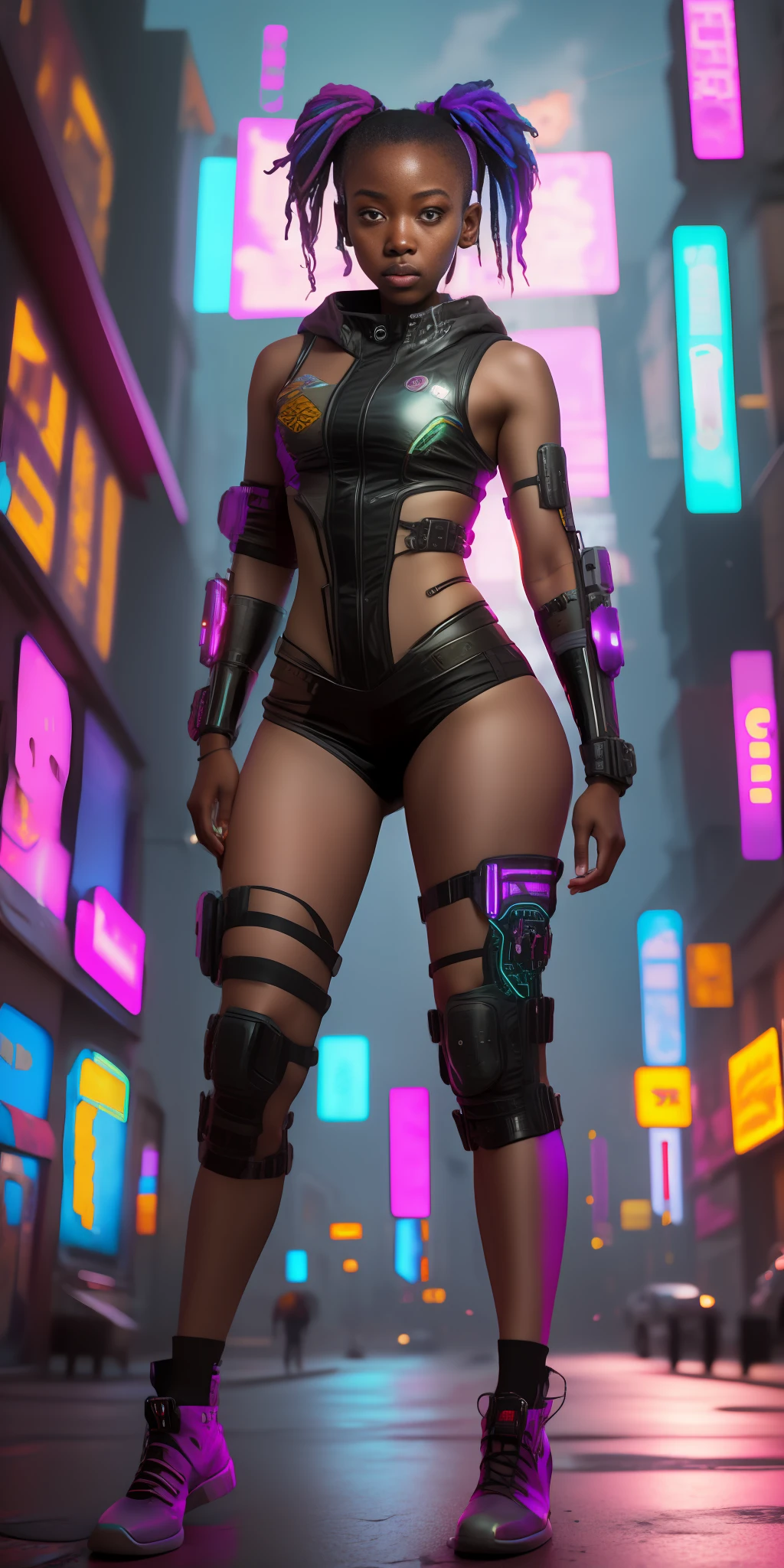 1 African American warrior girl 18 years old, full body,perfect,8k surrealism, bottom-up angle, in a night town (cyberpunk)