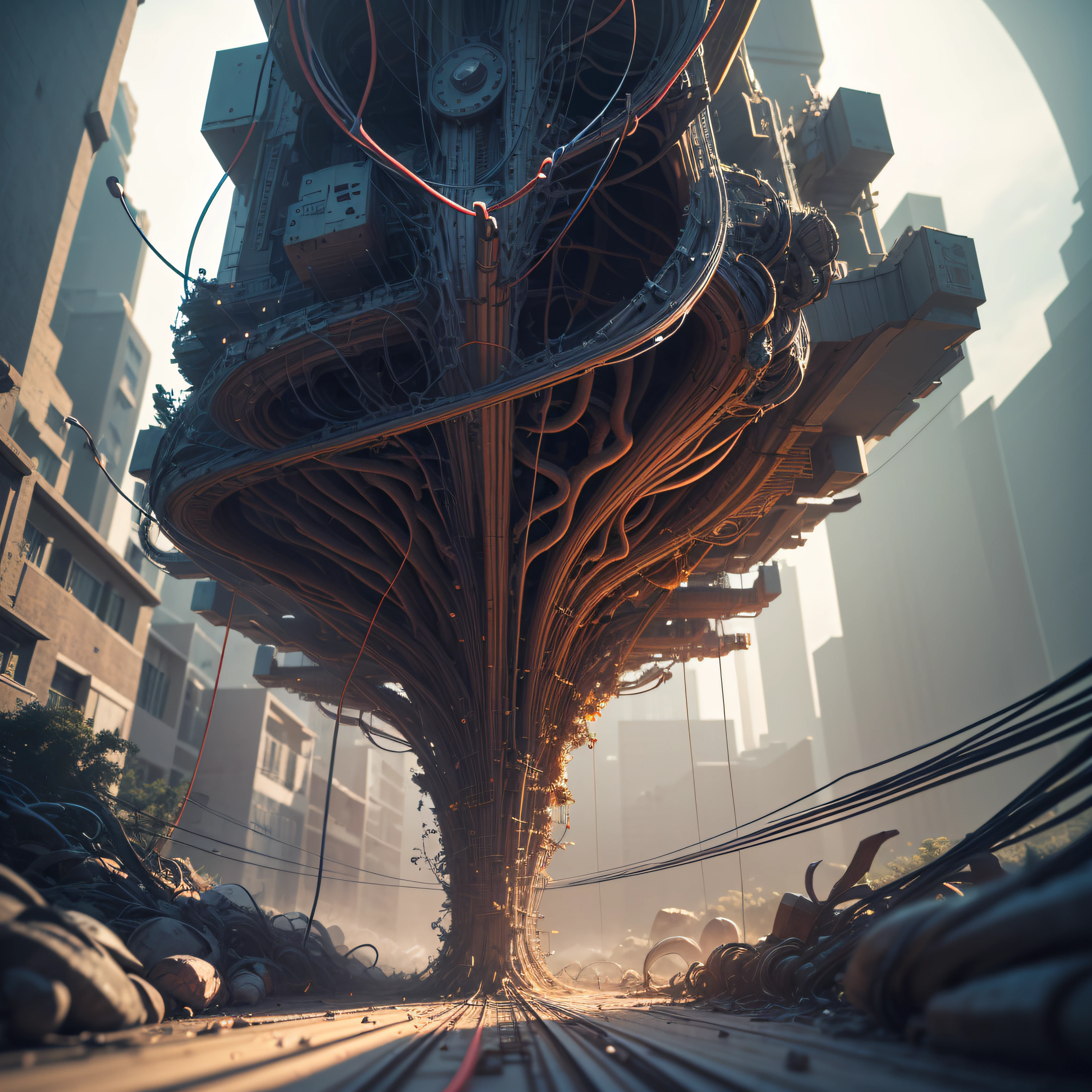 incredibly complex network of fractals and 3D wires and intricate arching cables, suspenseful, cinematic, hyper detailed, hyper realistic, 8k --auto