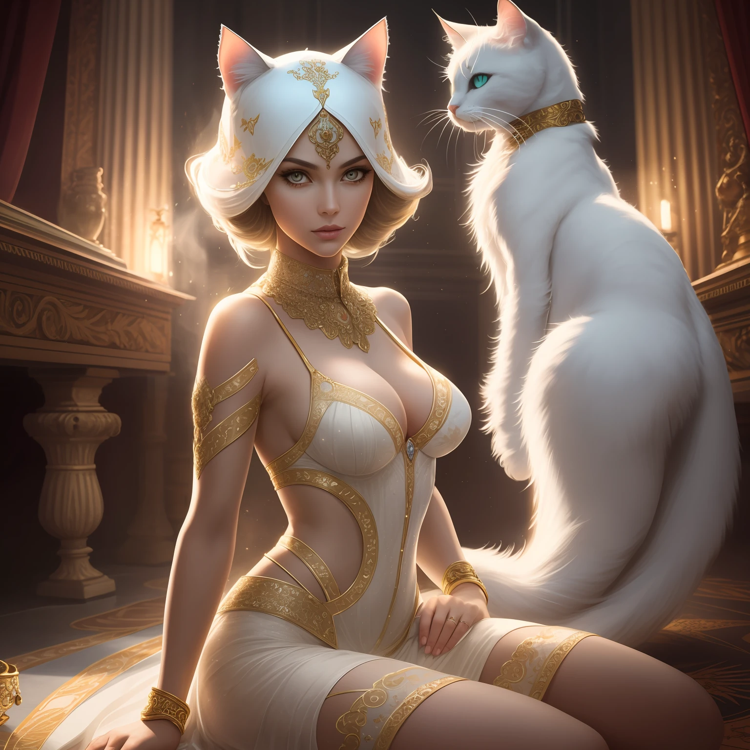 A dynamic image showcasing a powerful, ancient white catwoman, adorned with intricate, ornate jewelry and adorned with intricate, ornate patterns. The catwoman's glowing eyes and flowing, flowing tail add an element of mystery and power to the scene. The sunlight illuminates her, casting a soft, dreamy glow on the scene. telephoto lens, f/2.8 aperture, warm tones