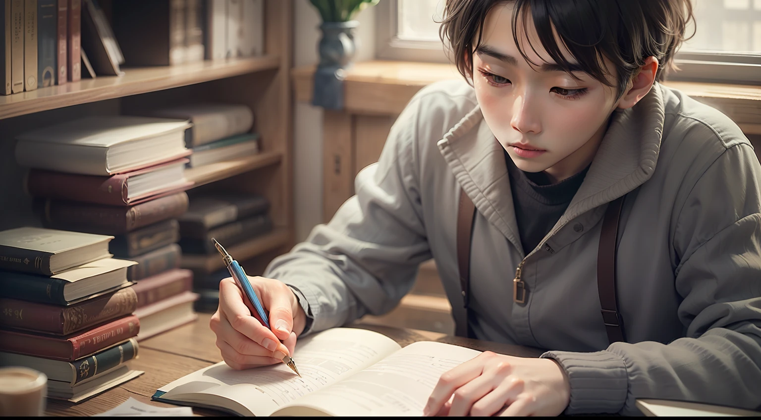 Create a picture of a Korean girl and young man reading a diary