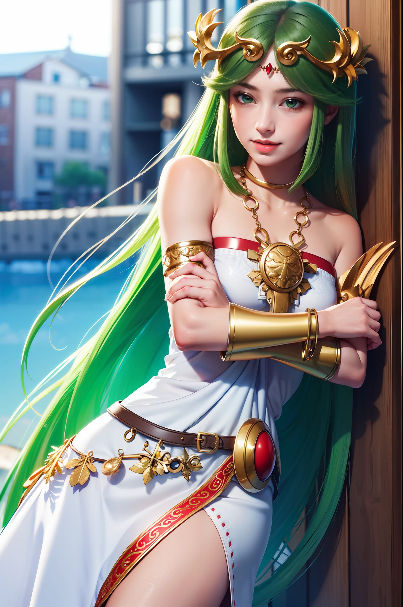 (masterpiece, best quality:1.2), cowboy shot, solo, 1girl, palutena, smile, looking at viewer, crossed arms, forehead jewel, tiara, strapless dress, side slit, single thighhigh, jewelry, necklace, bare shoulders