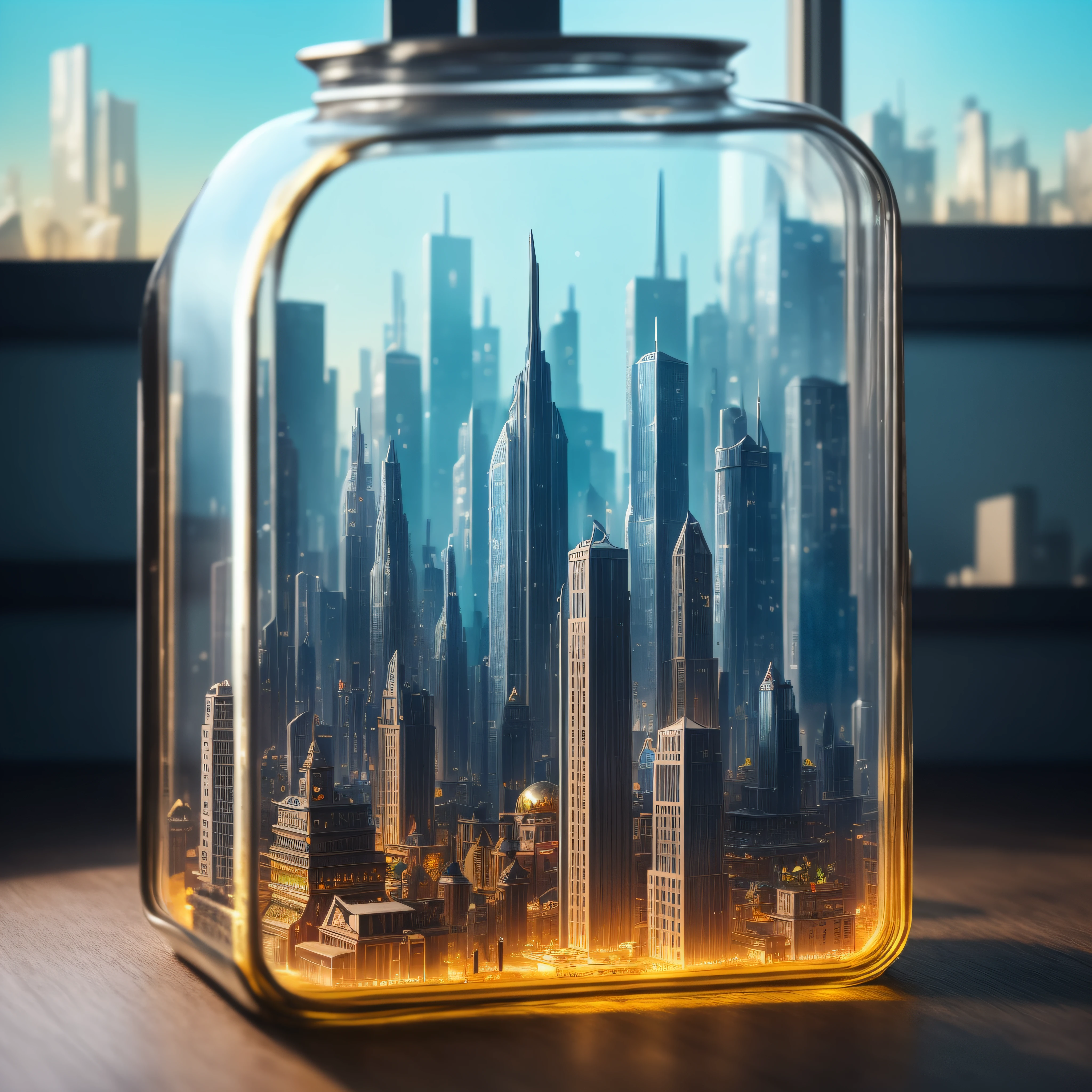 an extremely futuristic city tucked inside a square glass jar with lid, placing on the windowsill, extremely detailed, 8K, apocalyptic punk style, miniatures, macro photography in close-up --auto