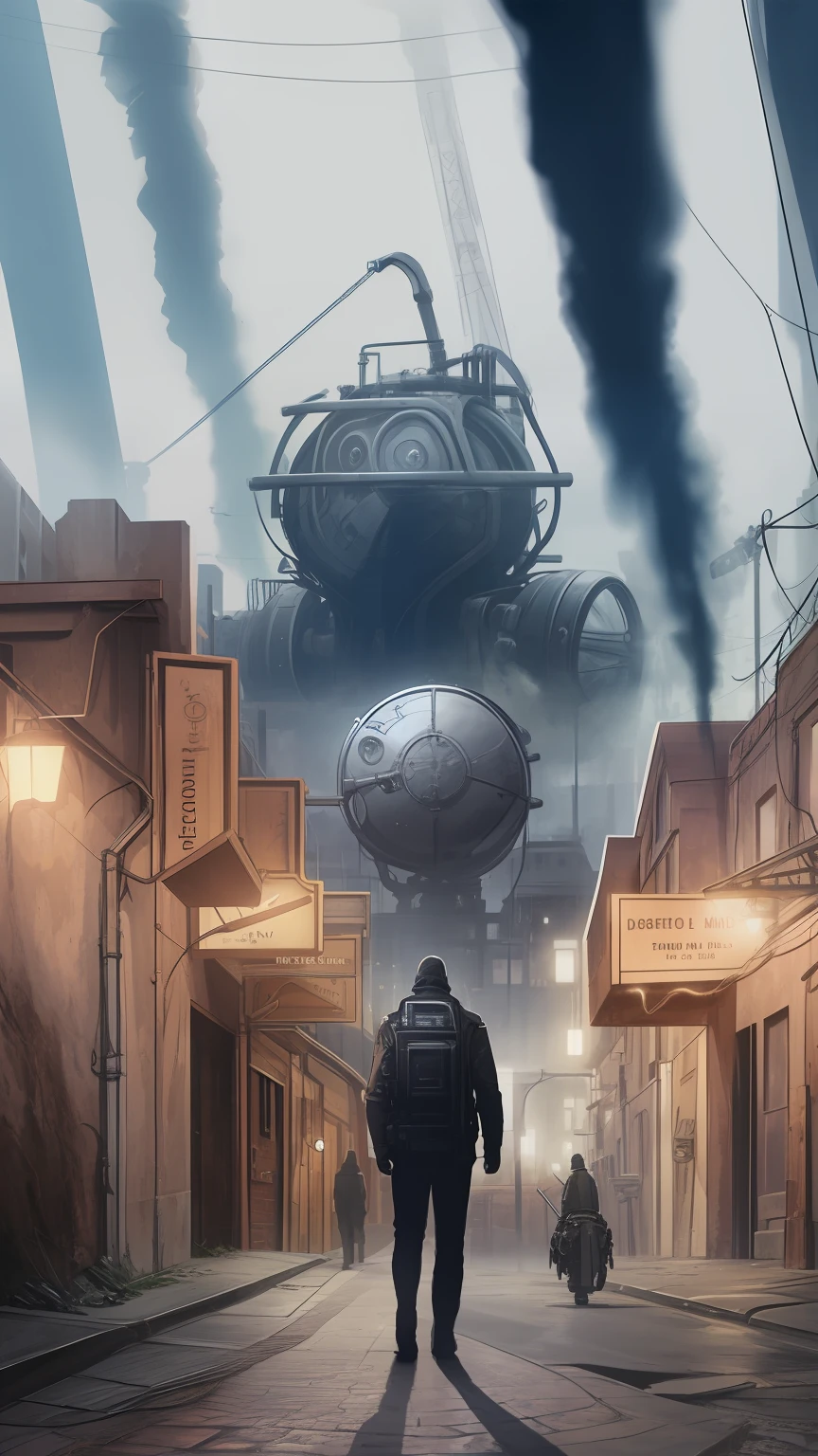 A man, back, ancient alley, street, planetary engine in the distance, huge contrast, surrealism, high-precision illustration, movies, details