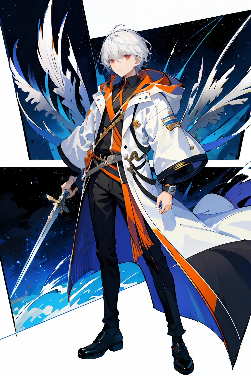 Charter layout, full body, upright, semi-floating, boy holding a sword, white hair and red eyes, fancy dress, detail clothes, starry sky magic, standing painting on white background