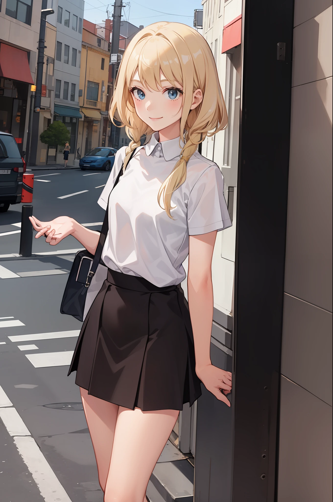 1 girl, smiling, shirt, skirt, (small) chillerism, thin blonde hair