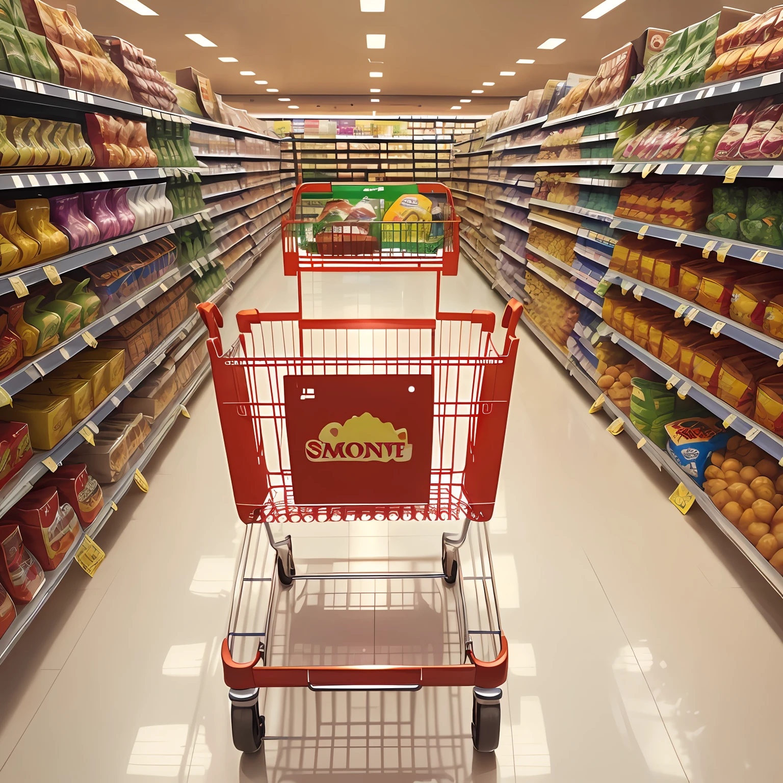 "{image of a smartphone screen showing the image of a supermarket, shopping cart, full shelves, bright and vibrant colors, well lit, cheerful, symmetrical, perfect}" --auto