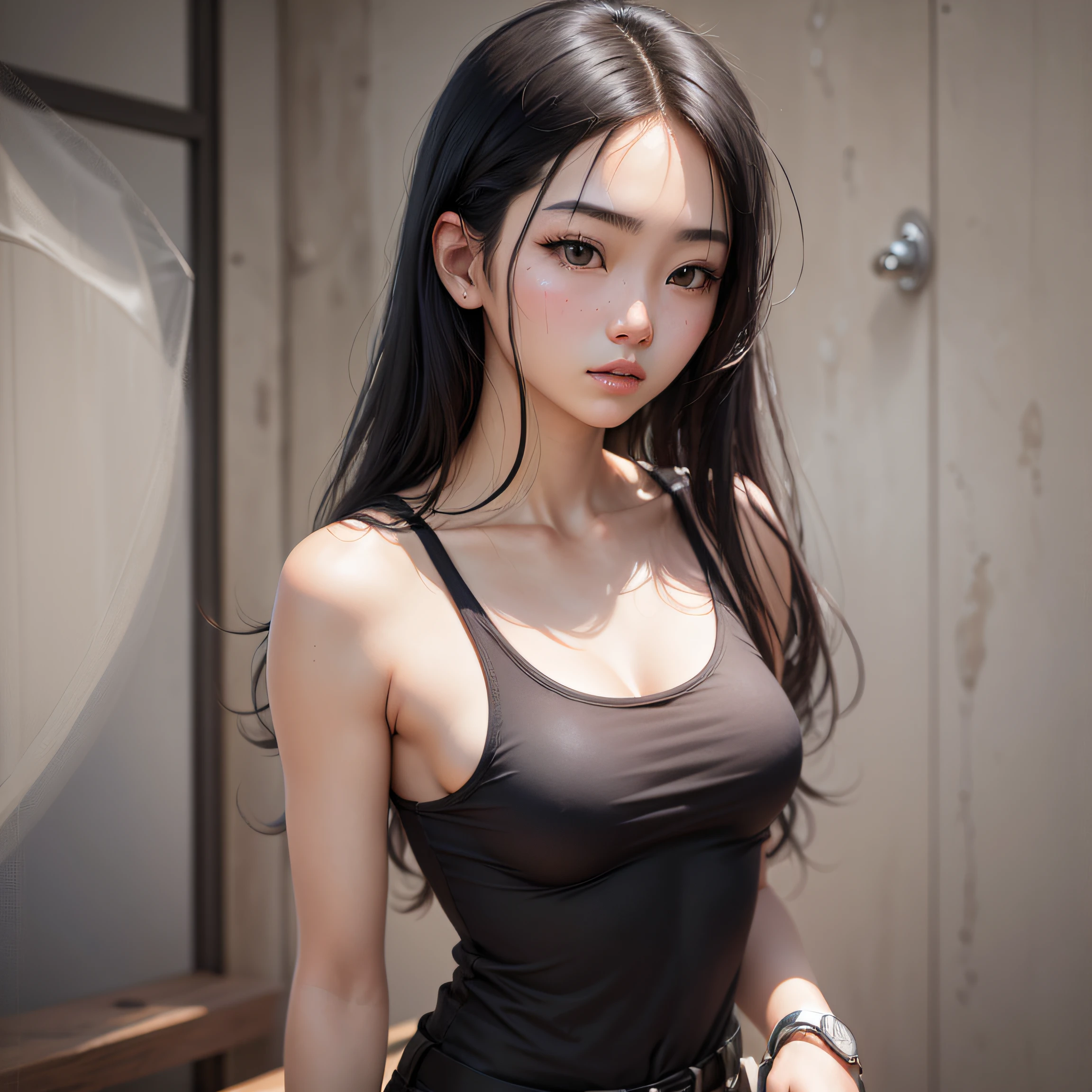 creates an illustration of an 18-year-old girl of Korean descent, realistic, in profile, wearing a white tank top with a rock band illustration --auto