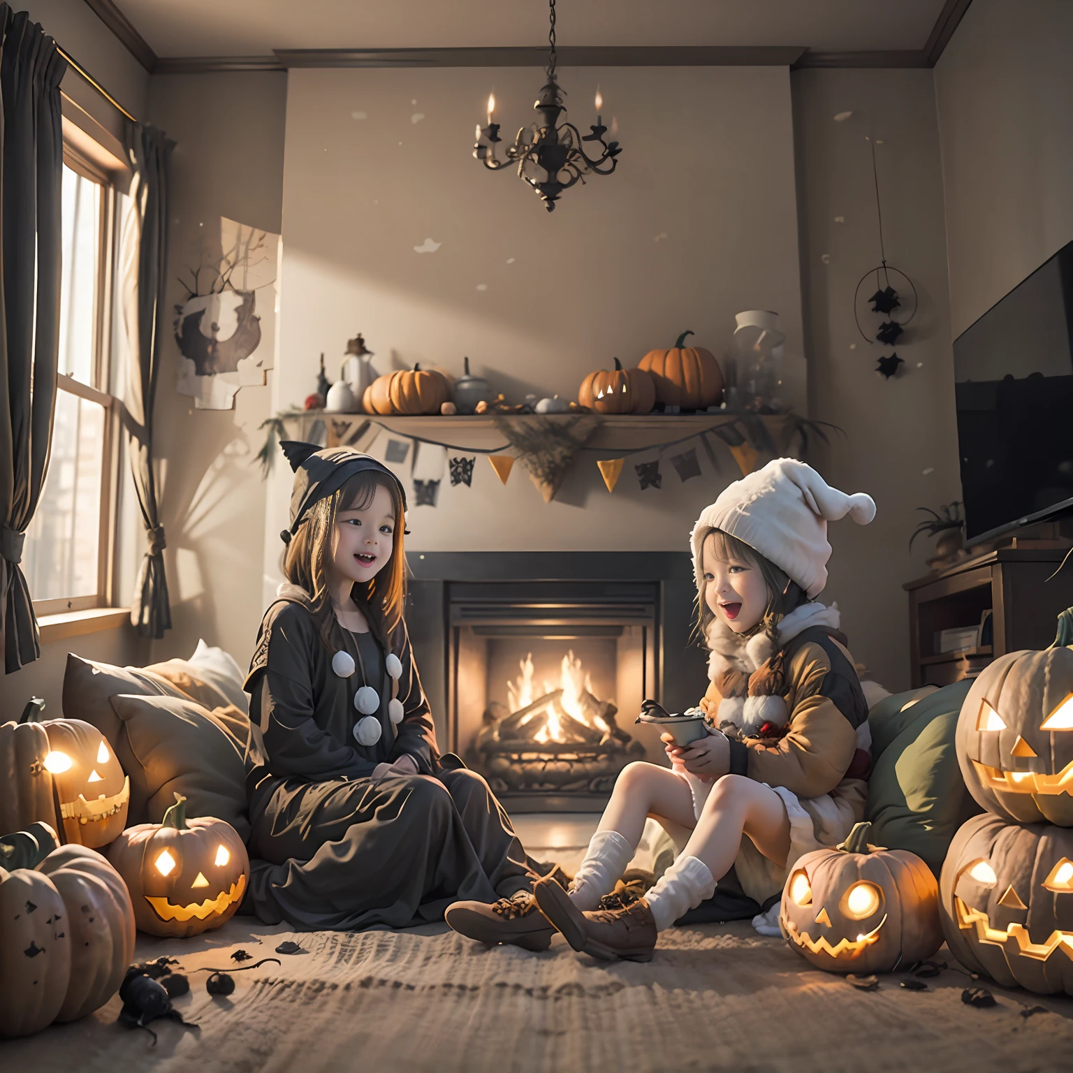 Halloween ghost banners, hung in cozy living rooms full of laughter and joy, children in cute costumes, surrounded by family, pumpkin decorations and ghostly props decorate the space, warm and seductive lights bring everyone together to celebrate the festive atmosphere of the festival. Realistic scenes, real people