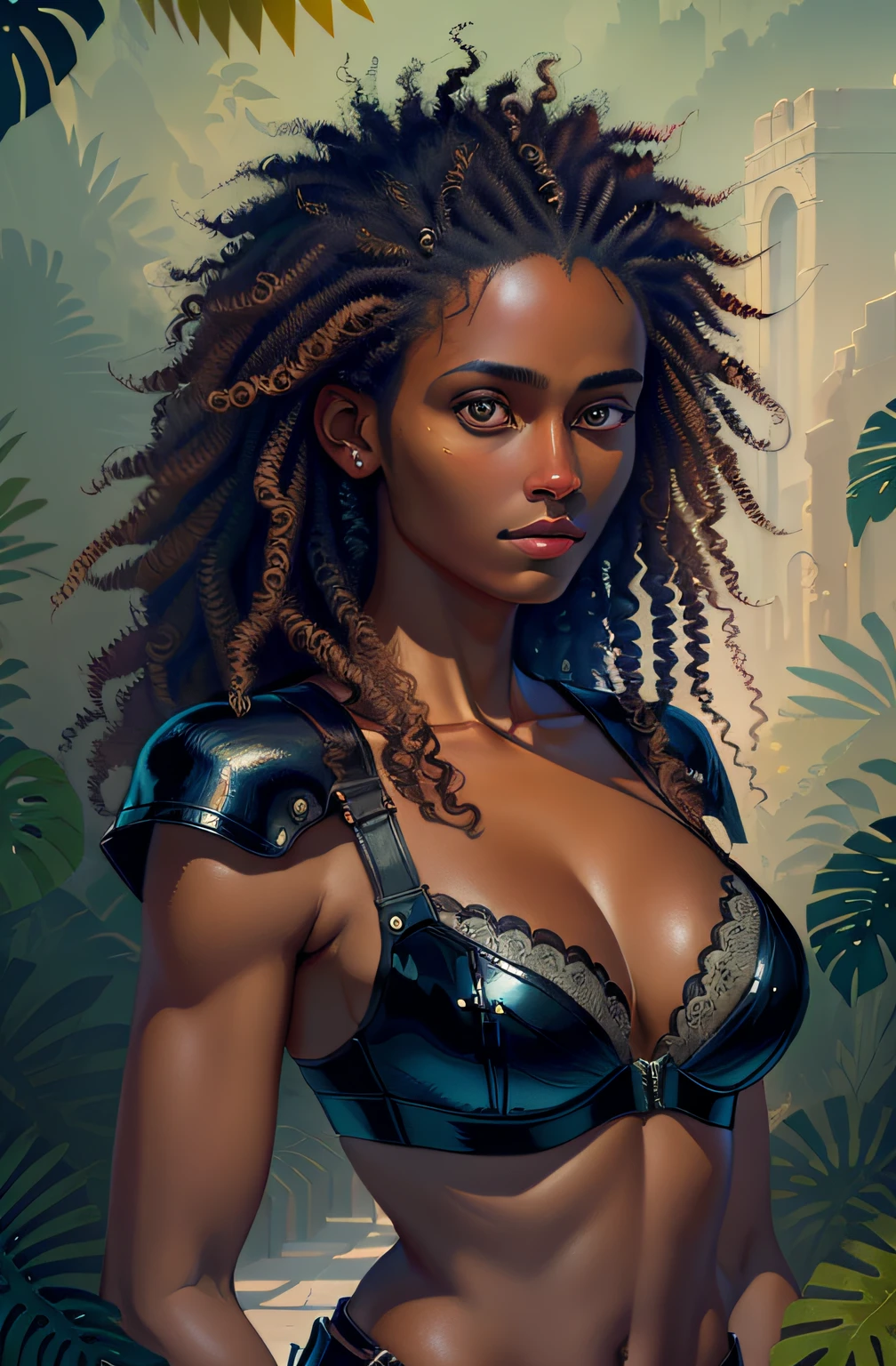 (best quality, masterpiece:1.2), A woman with brown skin, dark skin, portrait, bra, outdoors
breasts showing, leather clothing, curly hair with locks, surrealism, realistic, high detail, 8k