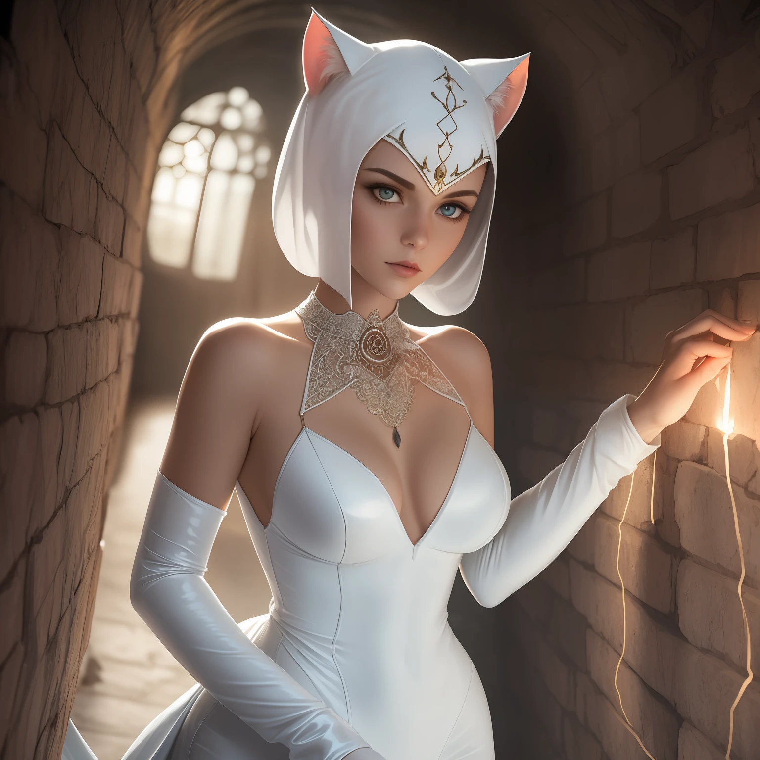 A whimsical, imaginative image of a white catwoman, her outfit adorned with intricate designs and intricate patterns, waiting in the tunnel of the past. She cautiously moves through the crack between the past and the present, her eyes set on a target, her ears pricked up in anticipation. The scene is illuminated by dim, flickering lighting, casting a warm, ethereal glow on the subject. wide aperture, standard lens, long exposure